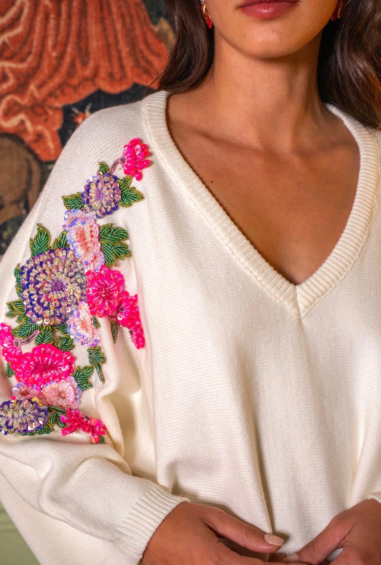 GOLD & SILVER | Rana Embroidered Floral V-Neck Jumper - Off White