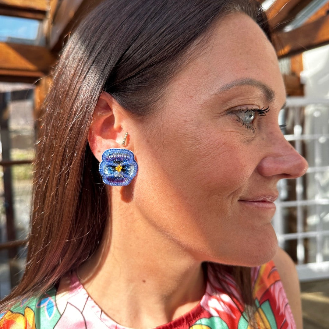 MY DORIS | Blue Beaded Pansy Stud Earrings