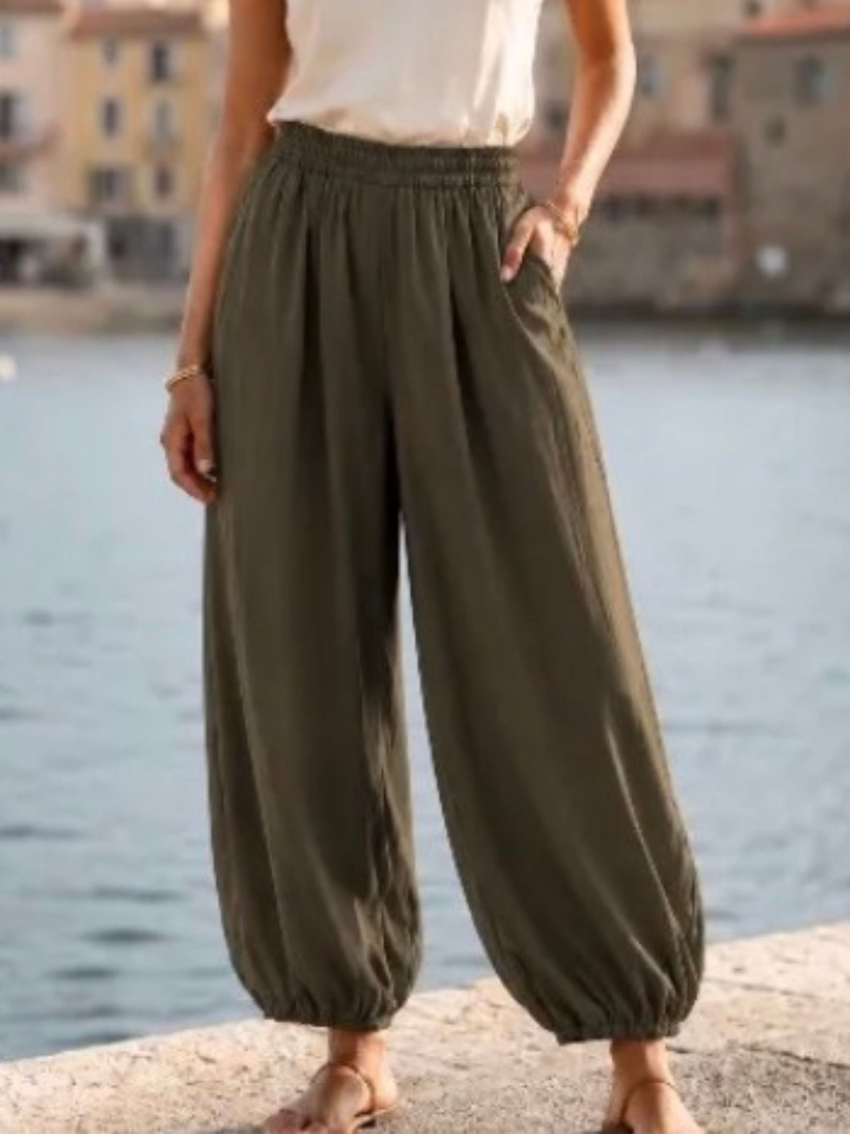 Women's Khaki Balloon Trousers with Elasticated Waist
