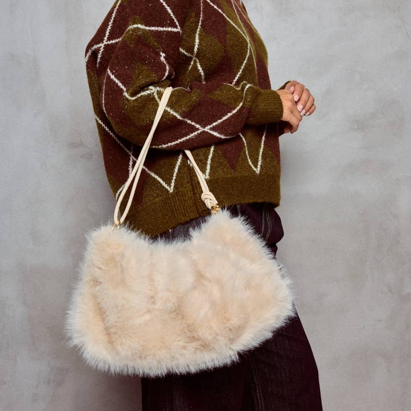 Beige Faux Fur Fluffy Handbag