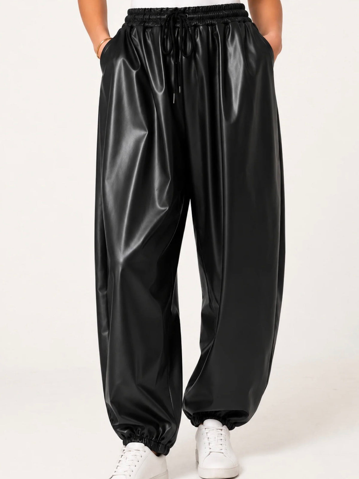 Nova of London | Black Vegan Leather Cuffed Jogger Trousers
