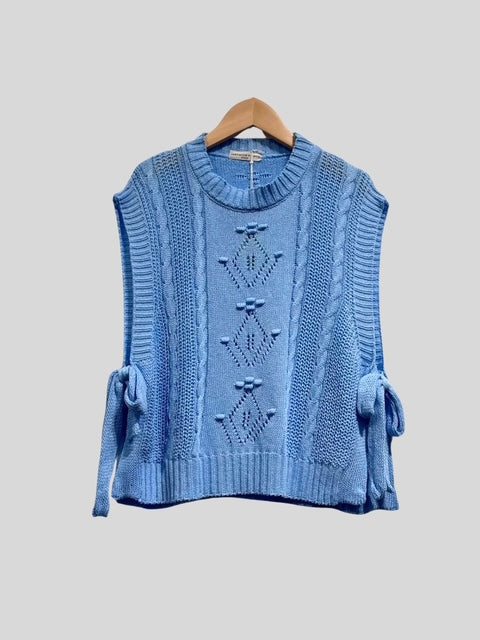 Blue Sleeveless Cable Knit Jumper with Tie Detail