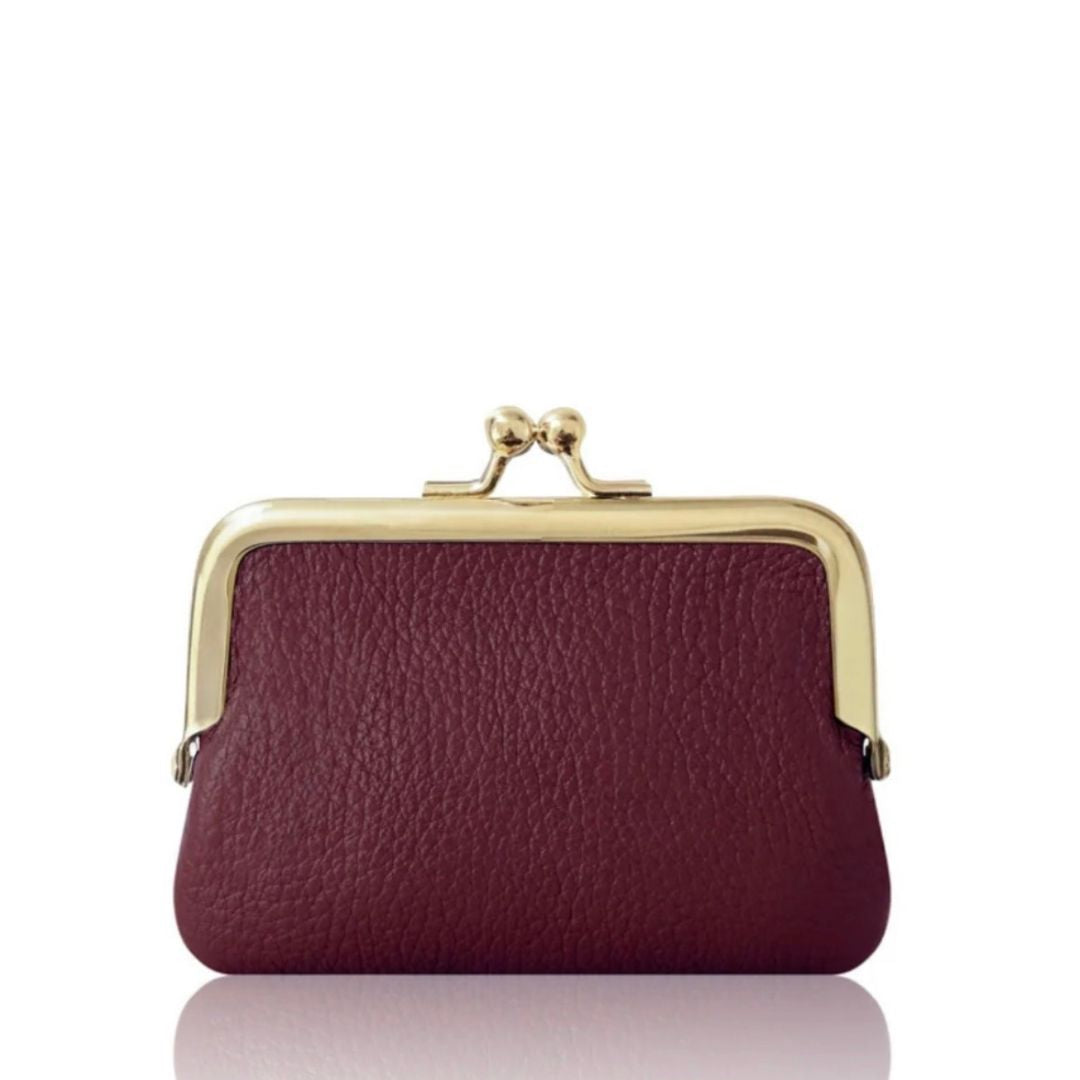 Burgandy Italian Leather Coin Purse with Gold Kiss-Lock Clasp