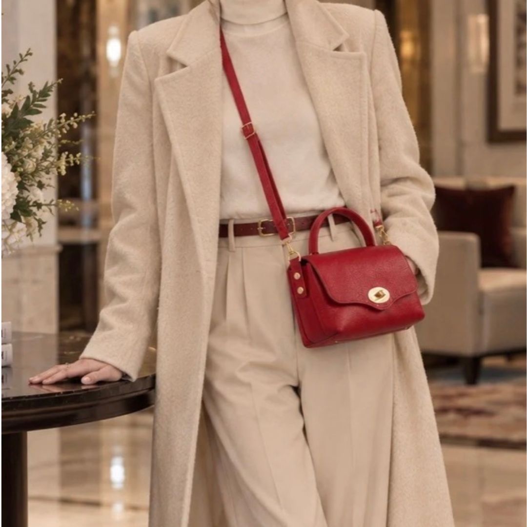 Red Leather Mini Grab Bag with Gold Turn-Lock Clasp