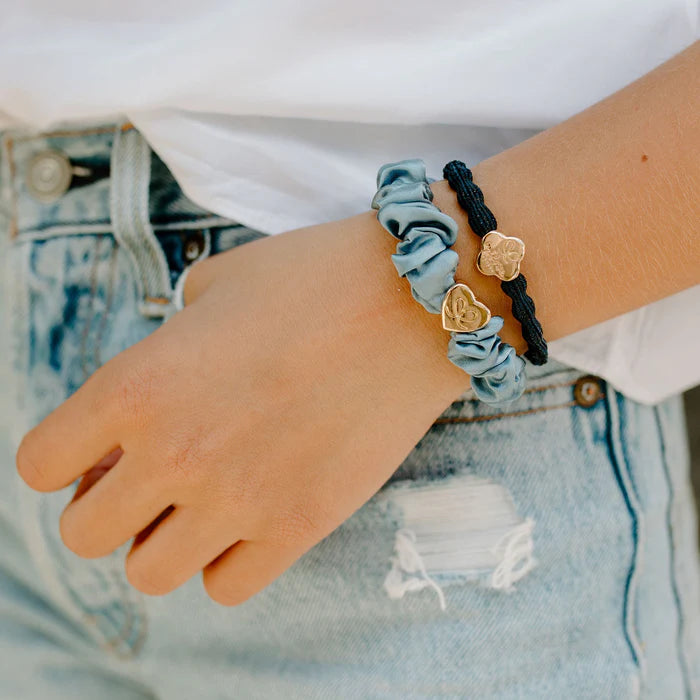 BY ELOISE London | Denim Blue Silk Scrunchie with Gold Heart