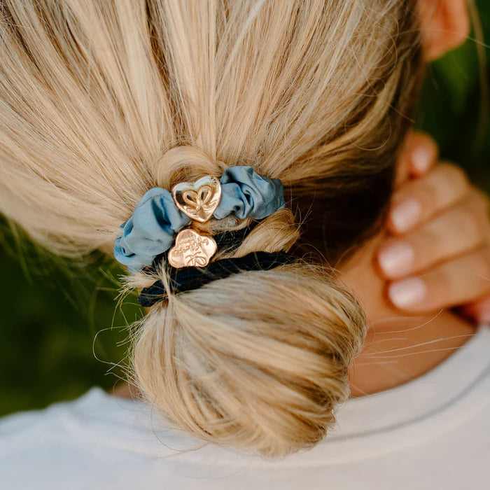 BY ELOISE London | Denim Blue Silk Scrunchie with Gold Heart