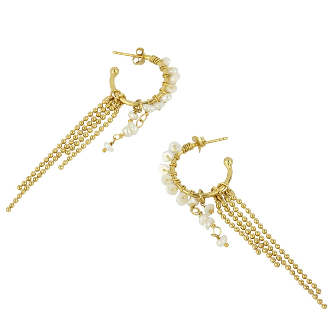 Anette Pearl Beaded Hoop Tassel Earrings