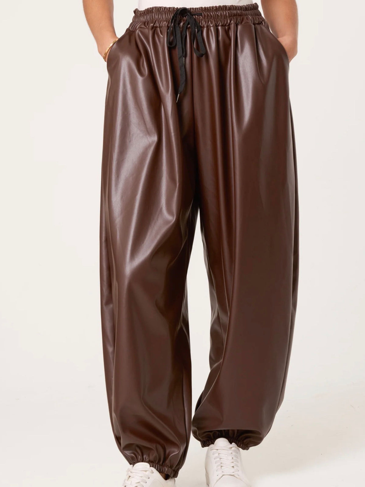 Chocolate Brown Vegan Leather Cuffed Jogger Trousers