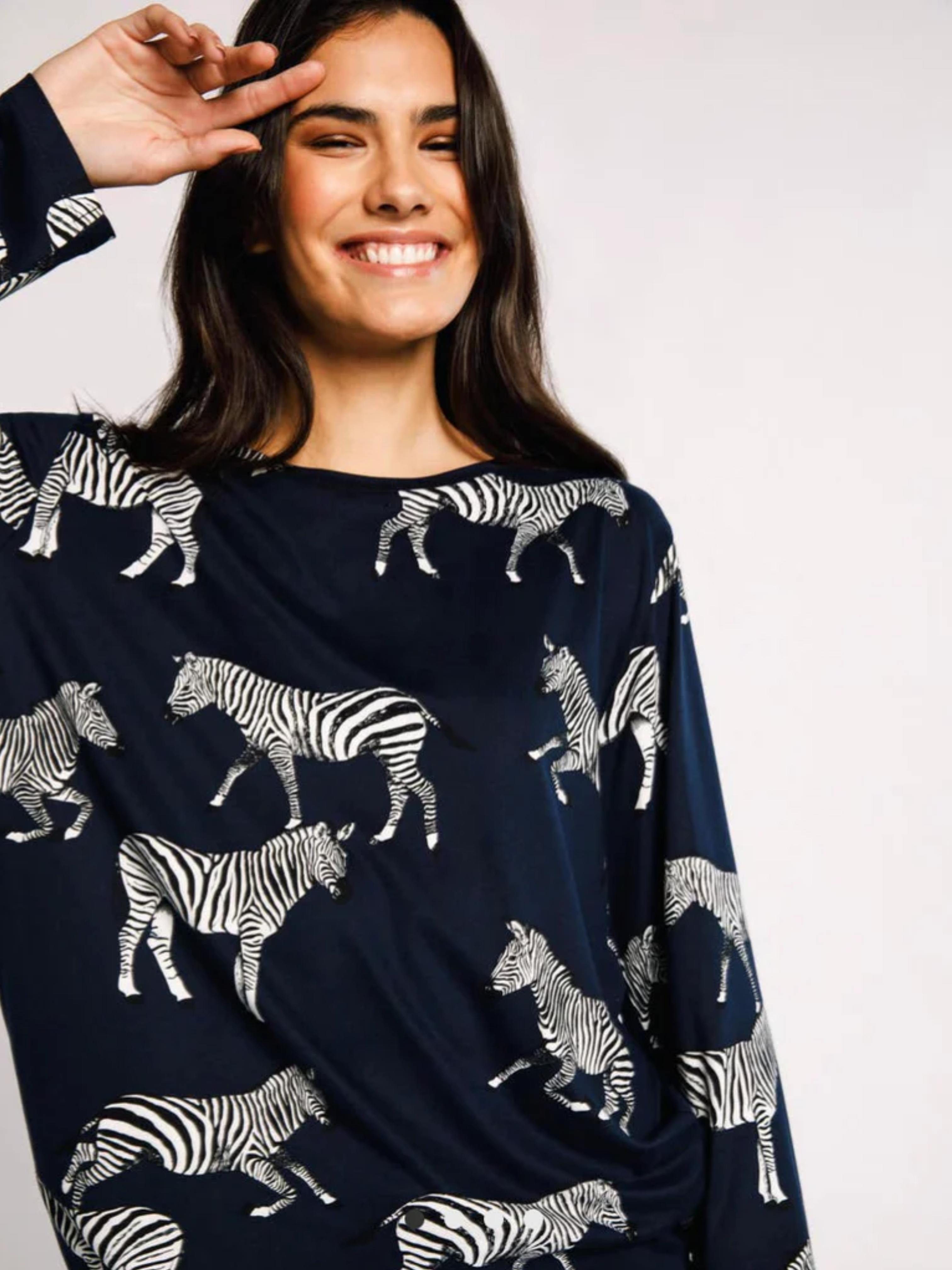 Navy Zebra Print Crewneck Long Pyjamas