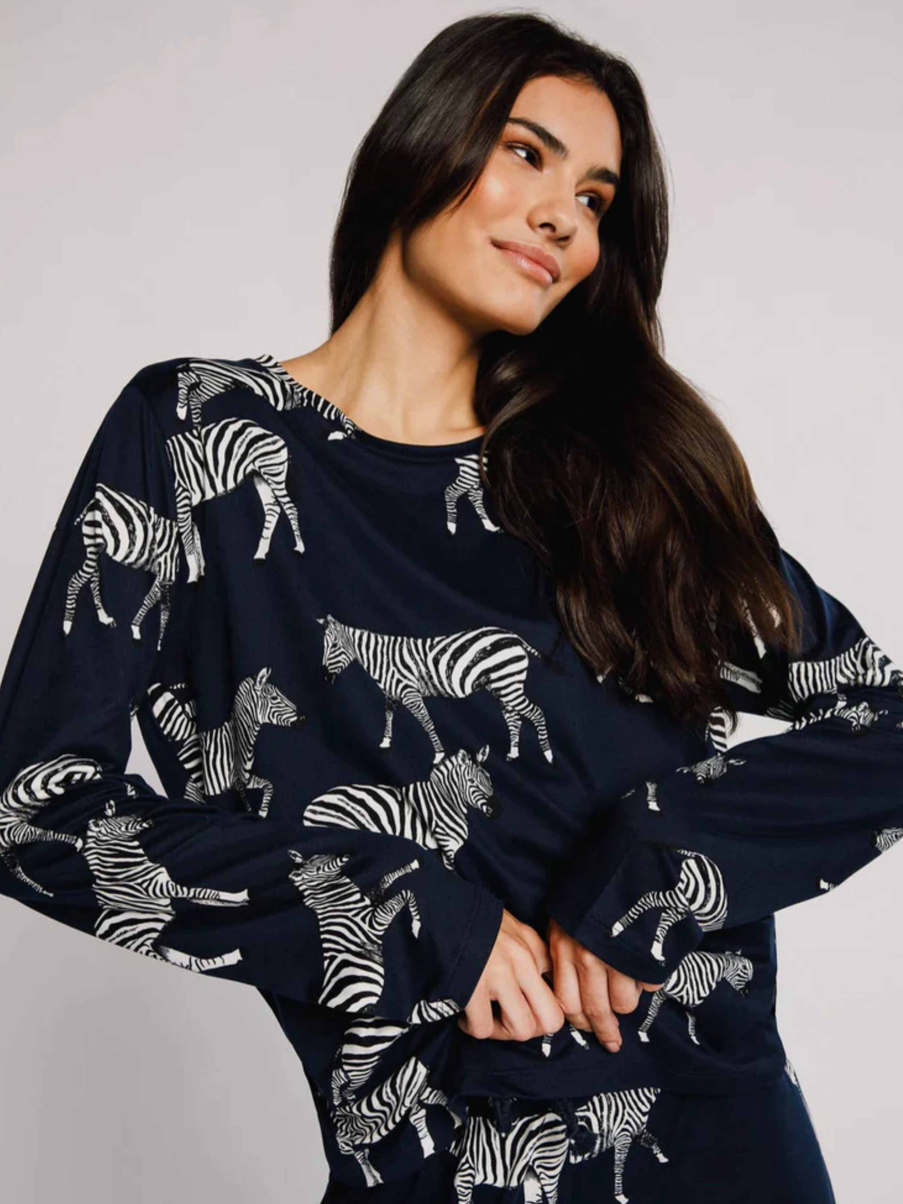 Navy Zebra Print Crewneck Long Pyjama Set