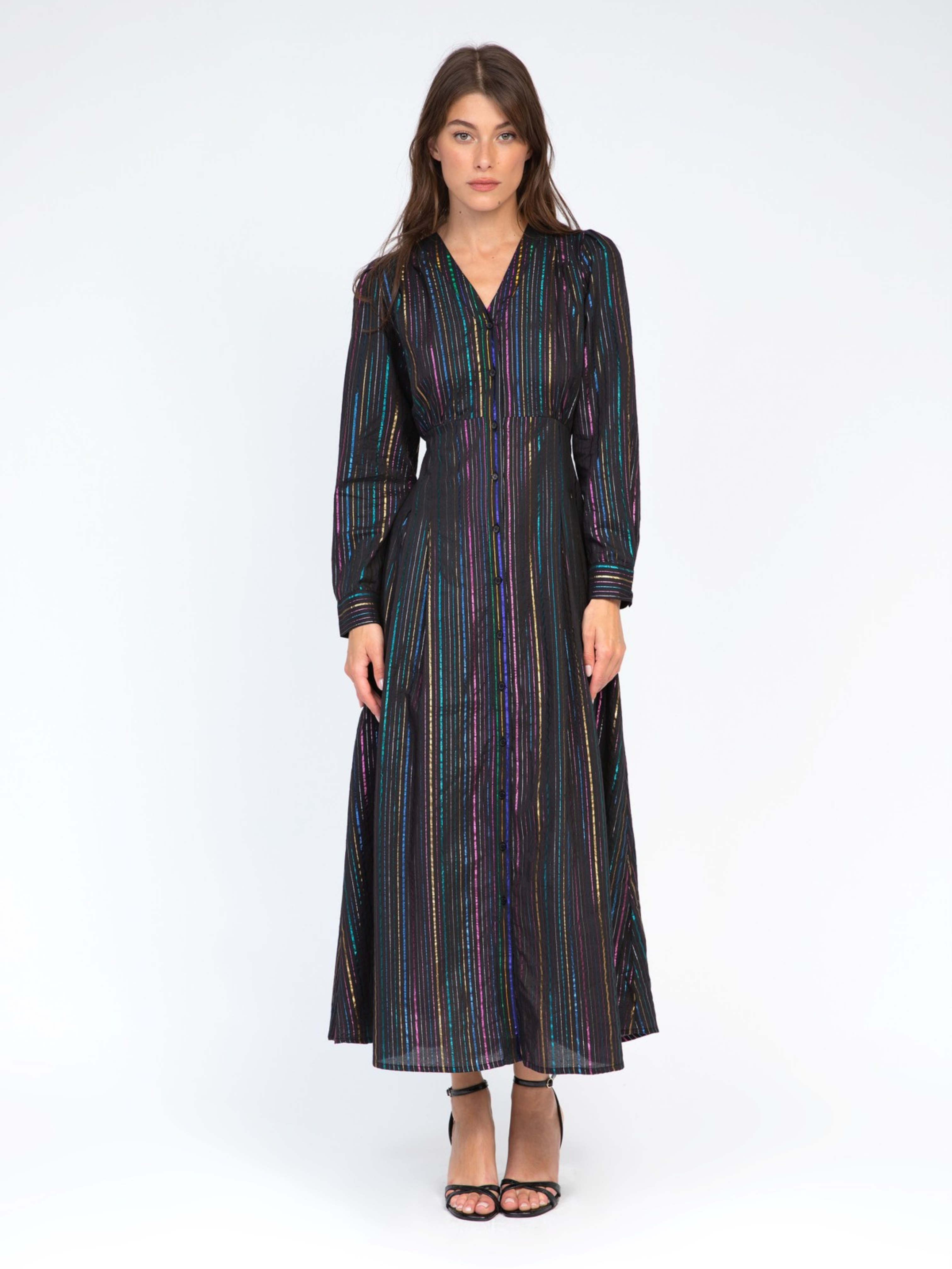 Black Rainbow Lurex Long Sleeve Button Front Maxi Dress