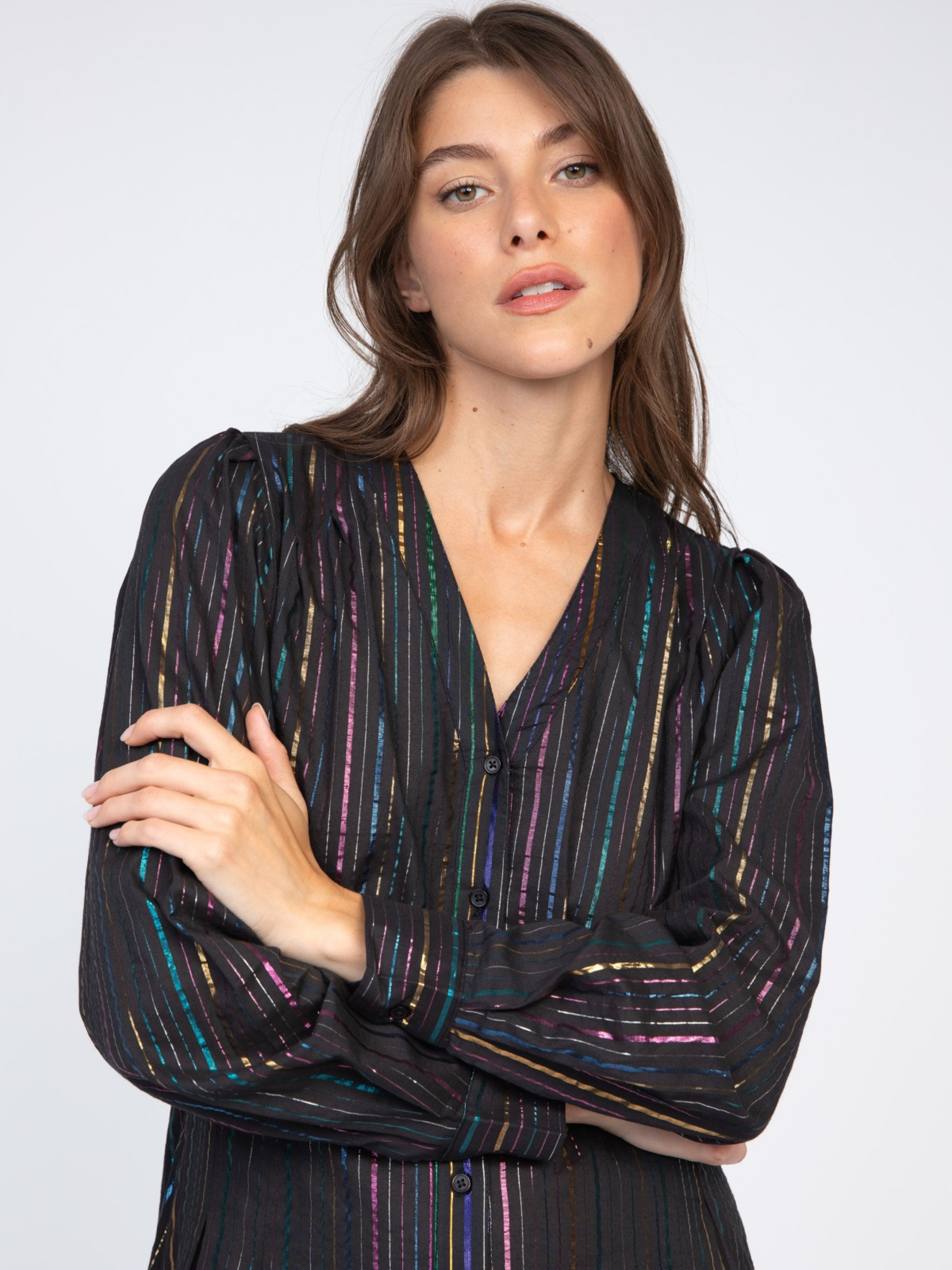 AN'GE | Ozane Black Rainbow Lurex Long Sleeve Maxi Dress