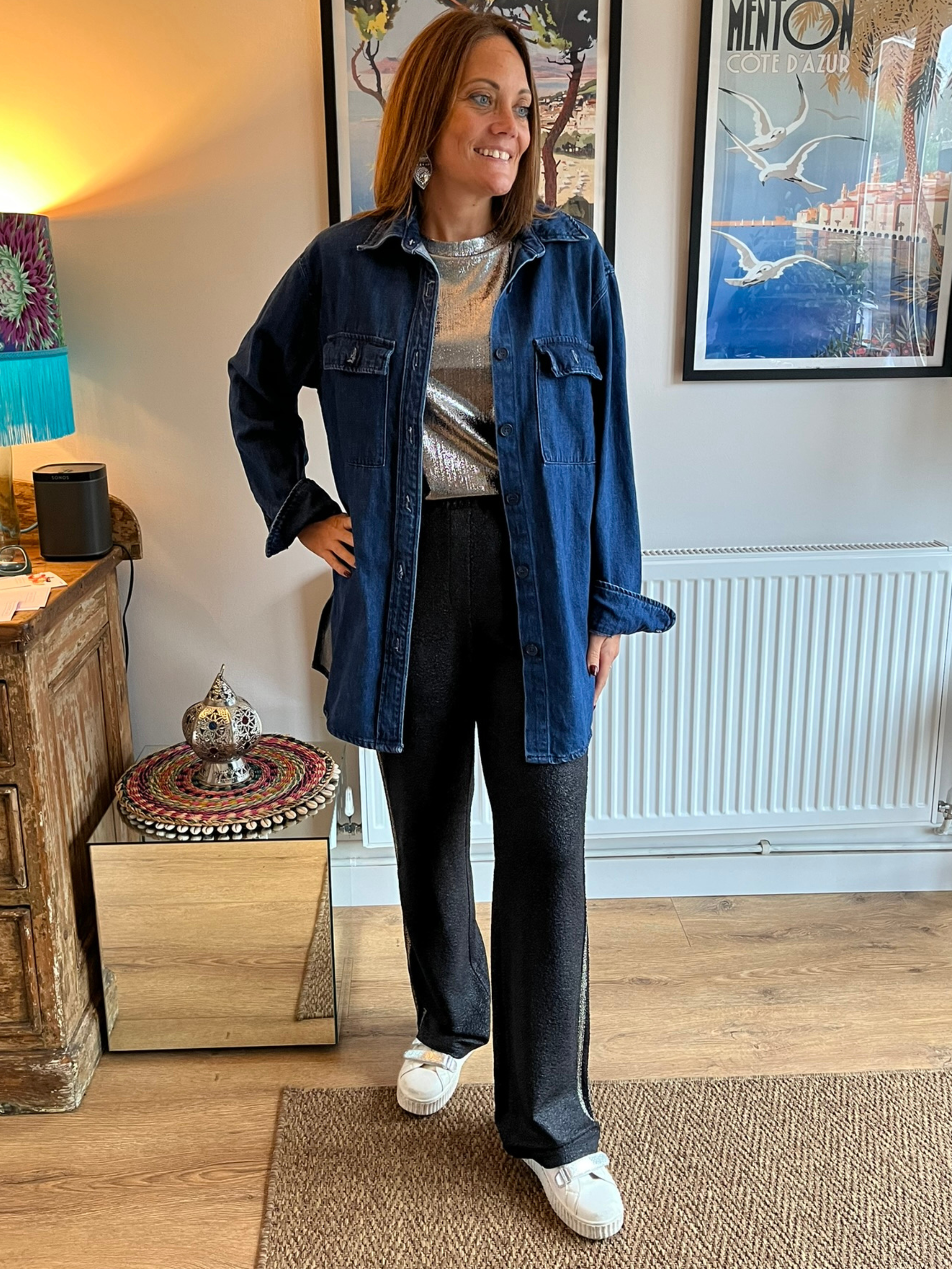 AN'GE | Pierroly Black Wide Leg Trousers with Metallic Gold Stripe