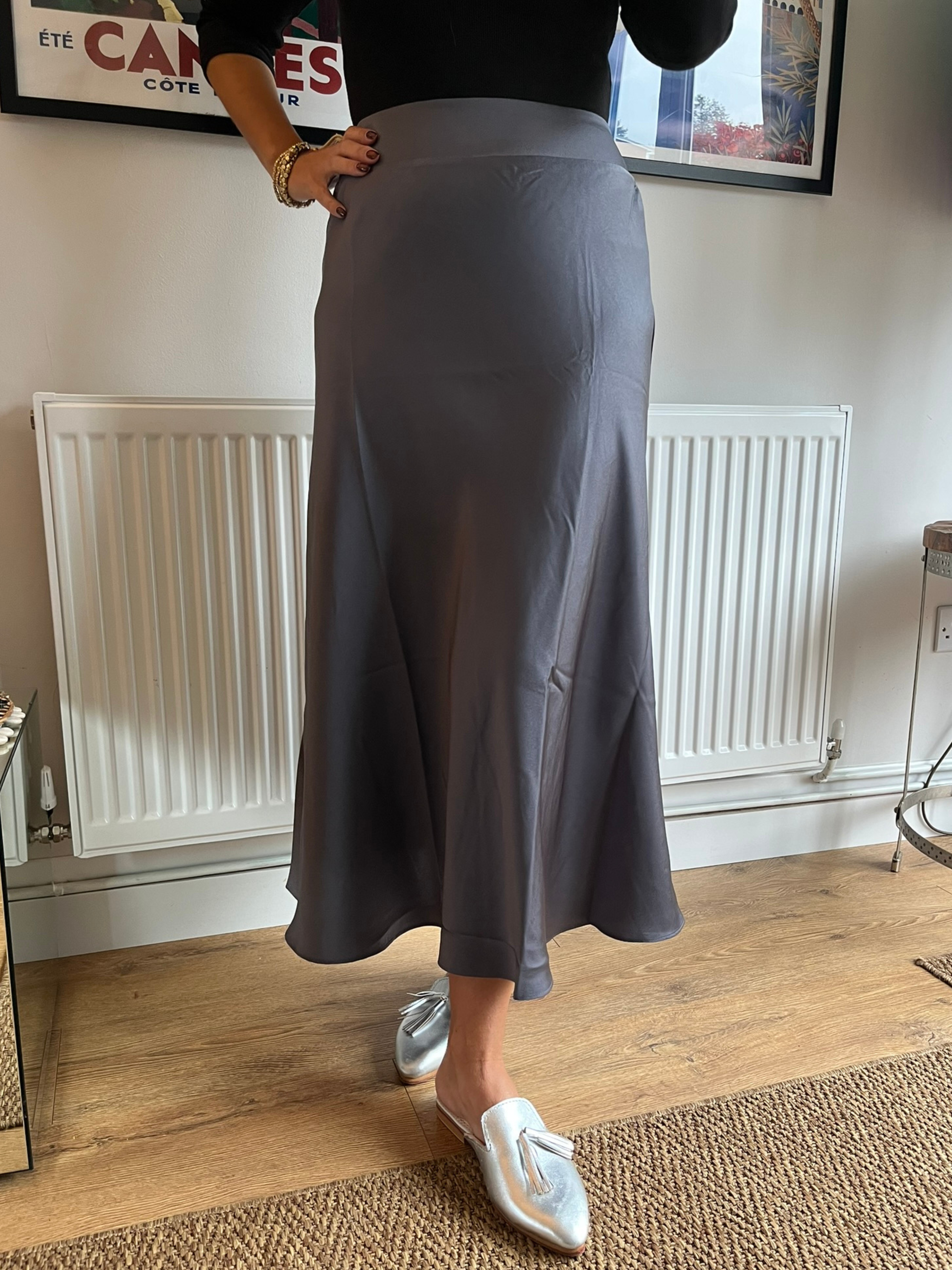 Janiame Grey Satin Feel Midi Skirt