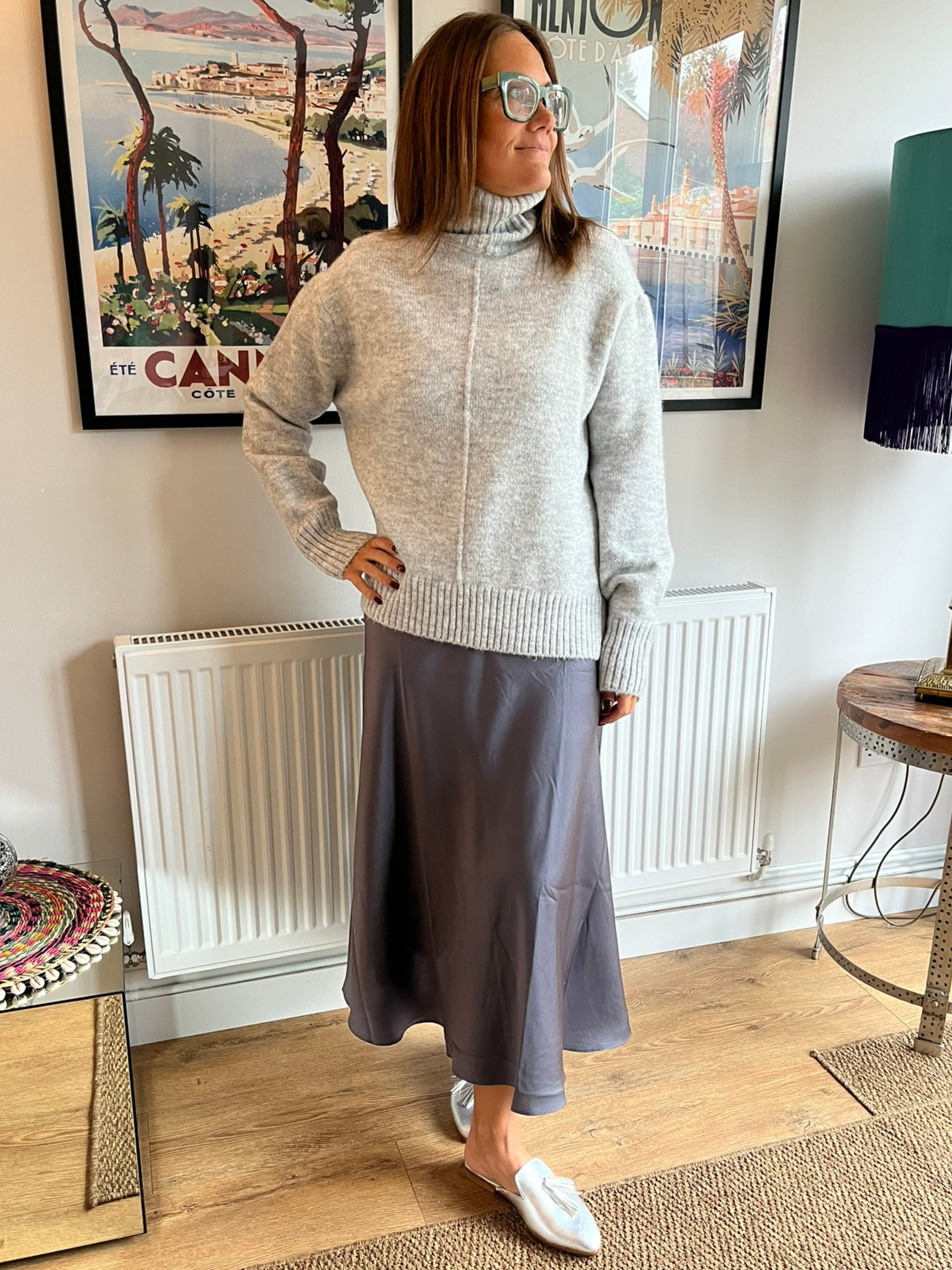 AN'GE | Janiame Grey Satin Feel Midi Skirt