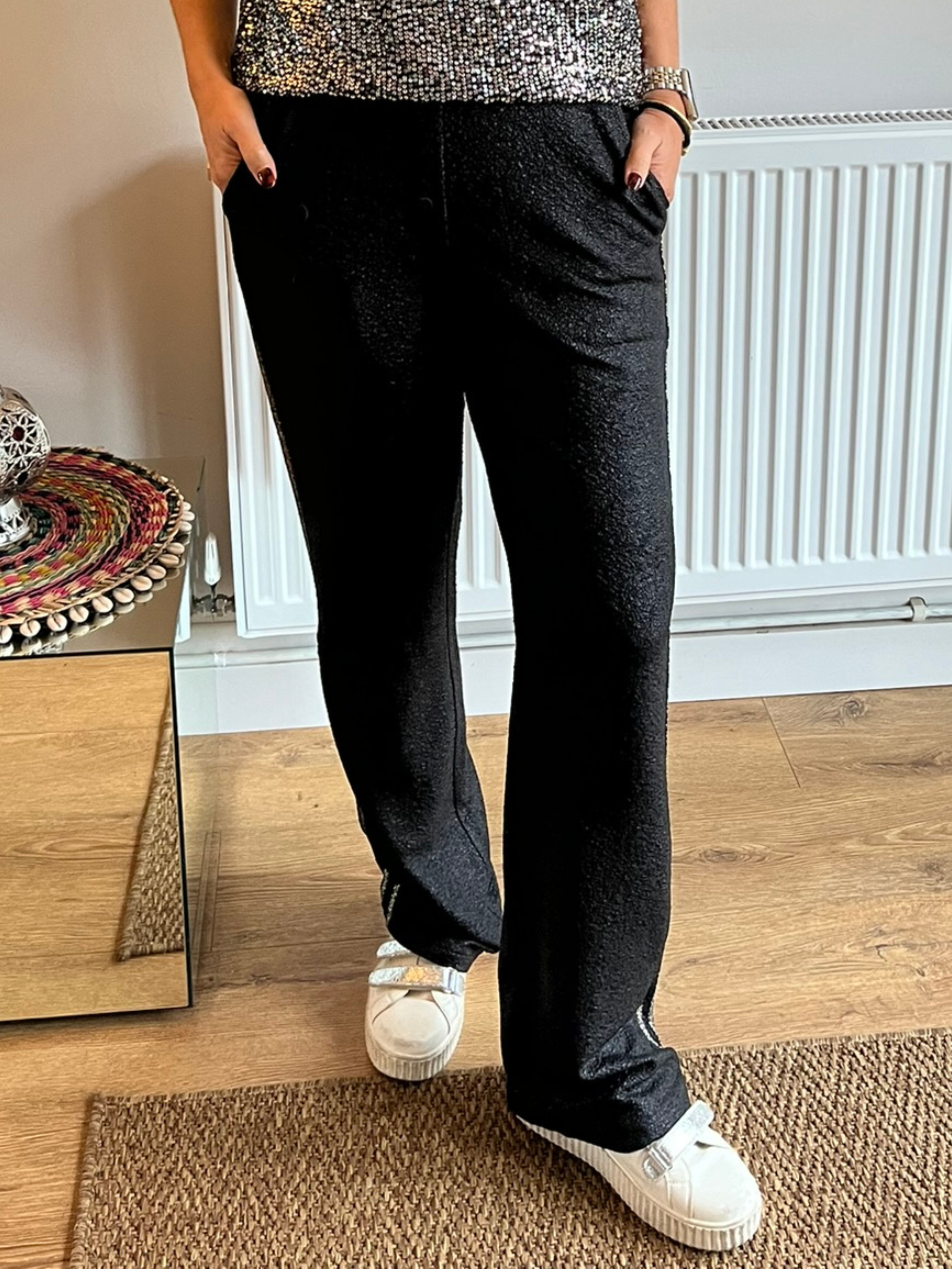 AN'GE | Pierroly Black Wide Leg Trousers with Metallic Gold Stripe