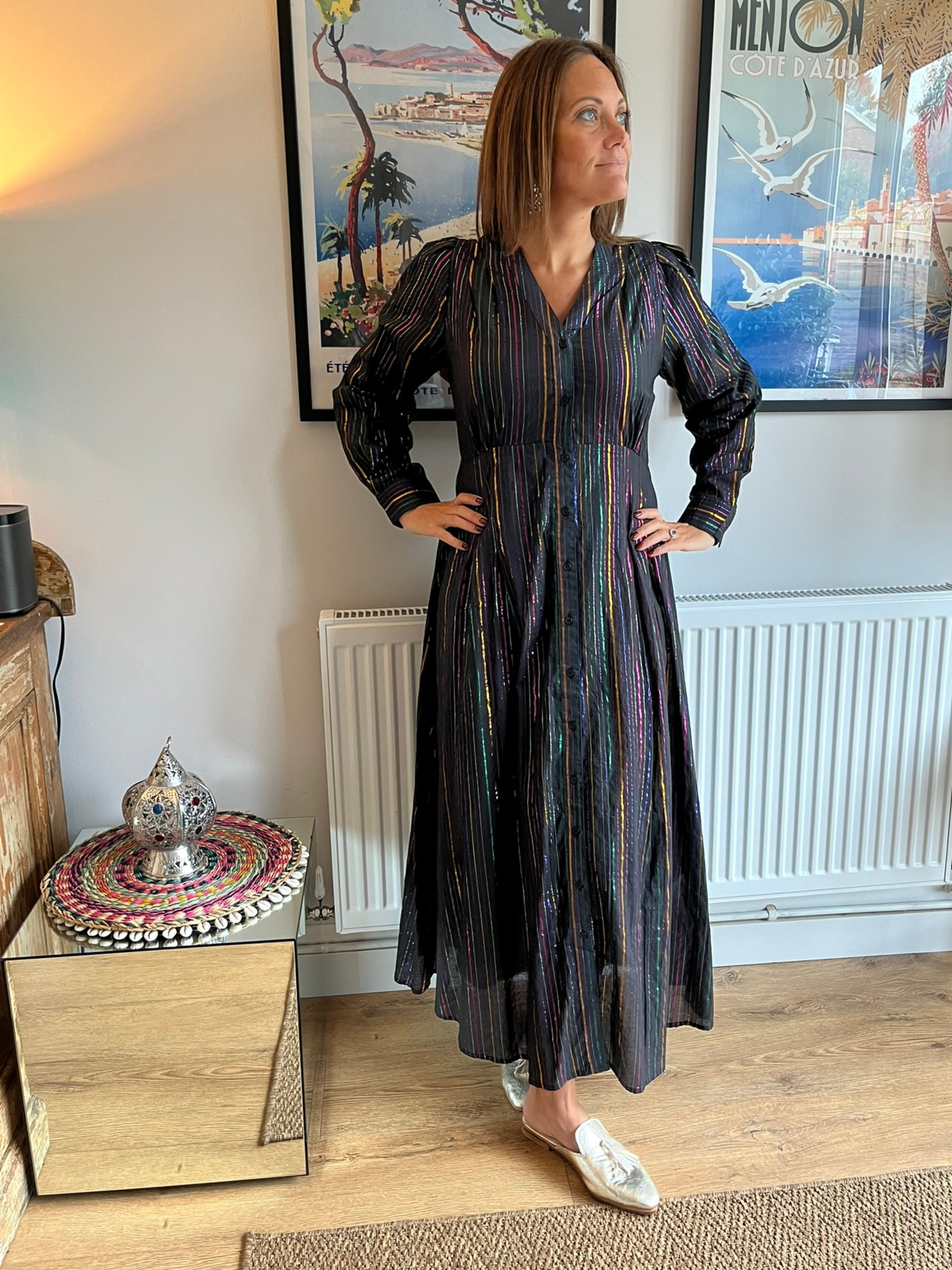 AN'GE | Ozane Black Rainbow Lurex Long Sleeve Maxi Dress