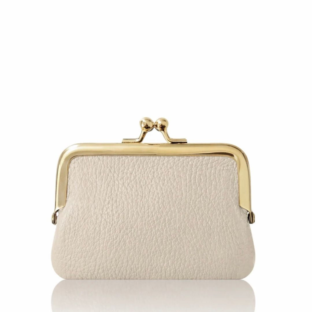 Cream Italian Leather Coin Purse with Gold Kiss-Lock Clasp