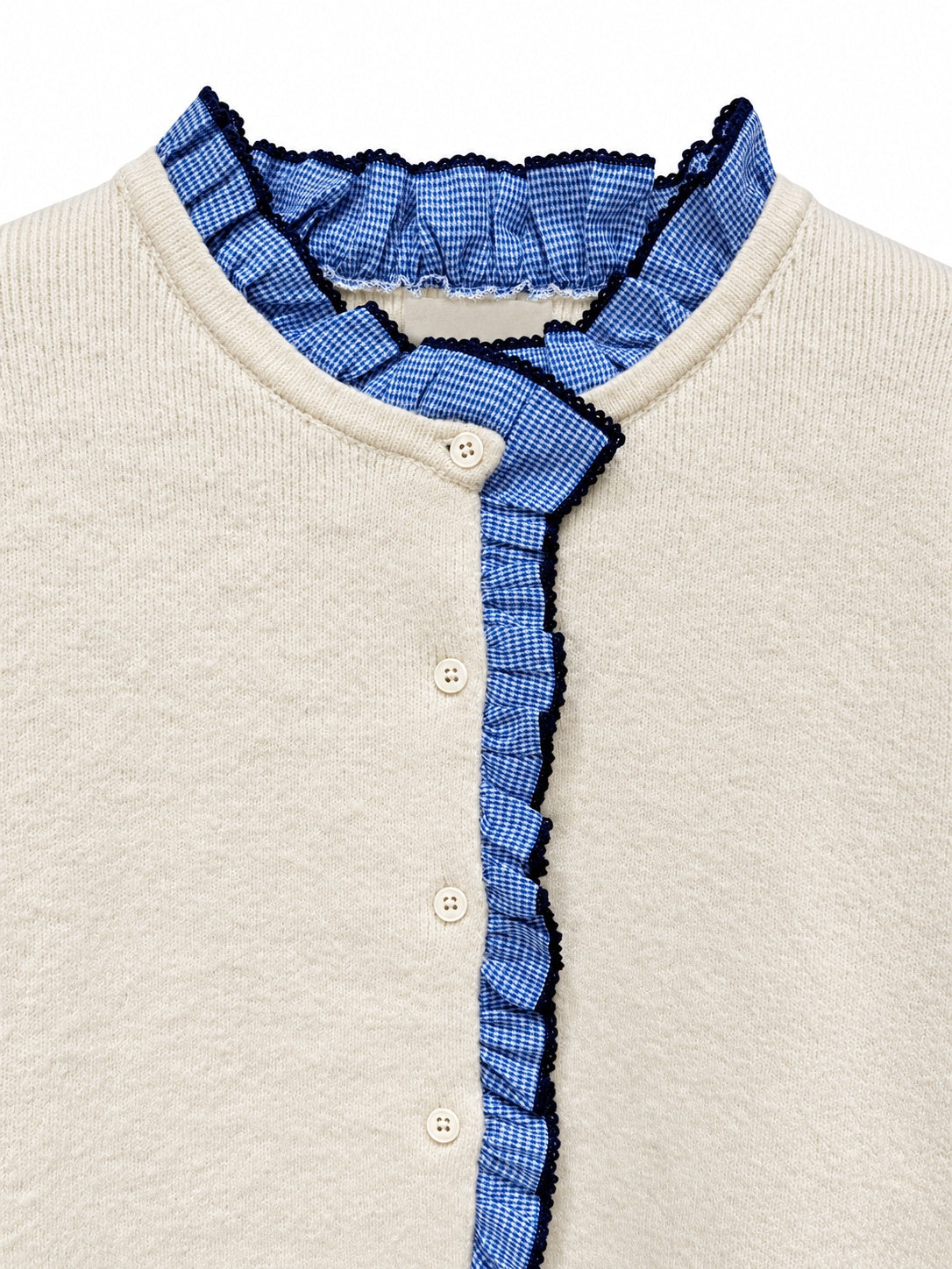 Cream Knit Cardigan with Blue Gingham Ruffle
