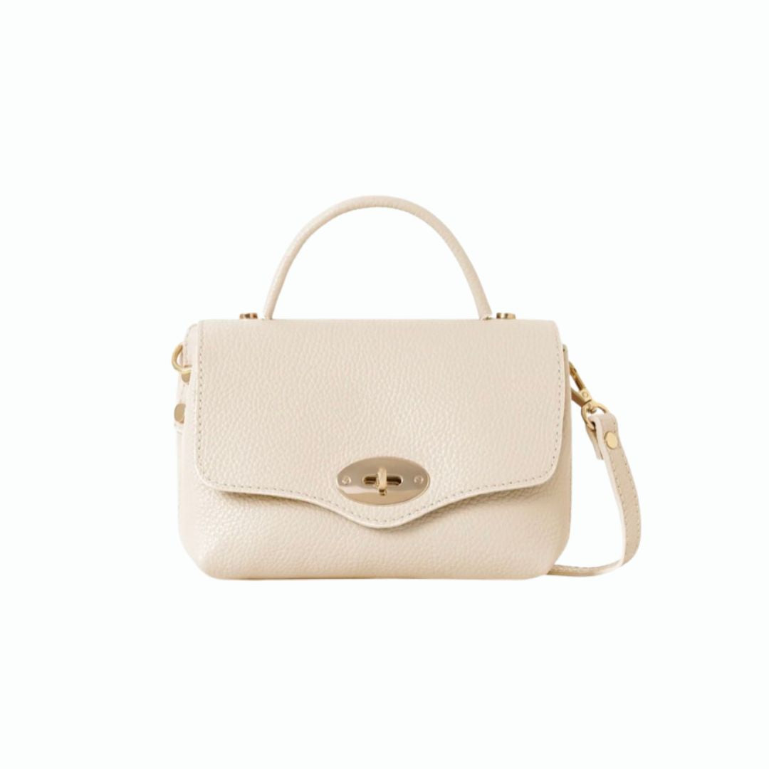 Cream Italian Leather Mini Grab Bag with Gold Turn-Lock Clasp