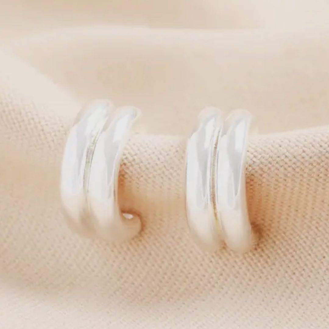 Double Ridge Hoop Earrings in Silver