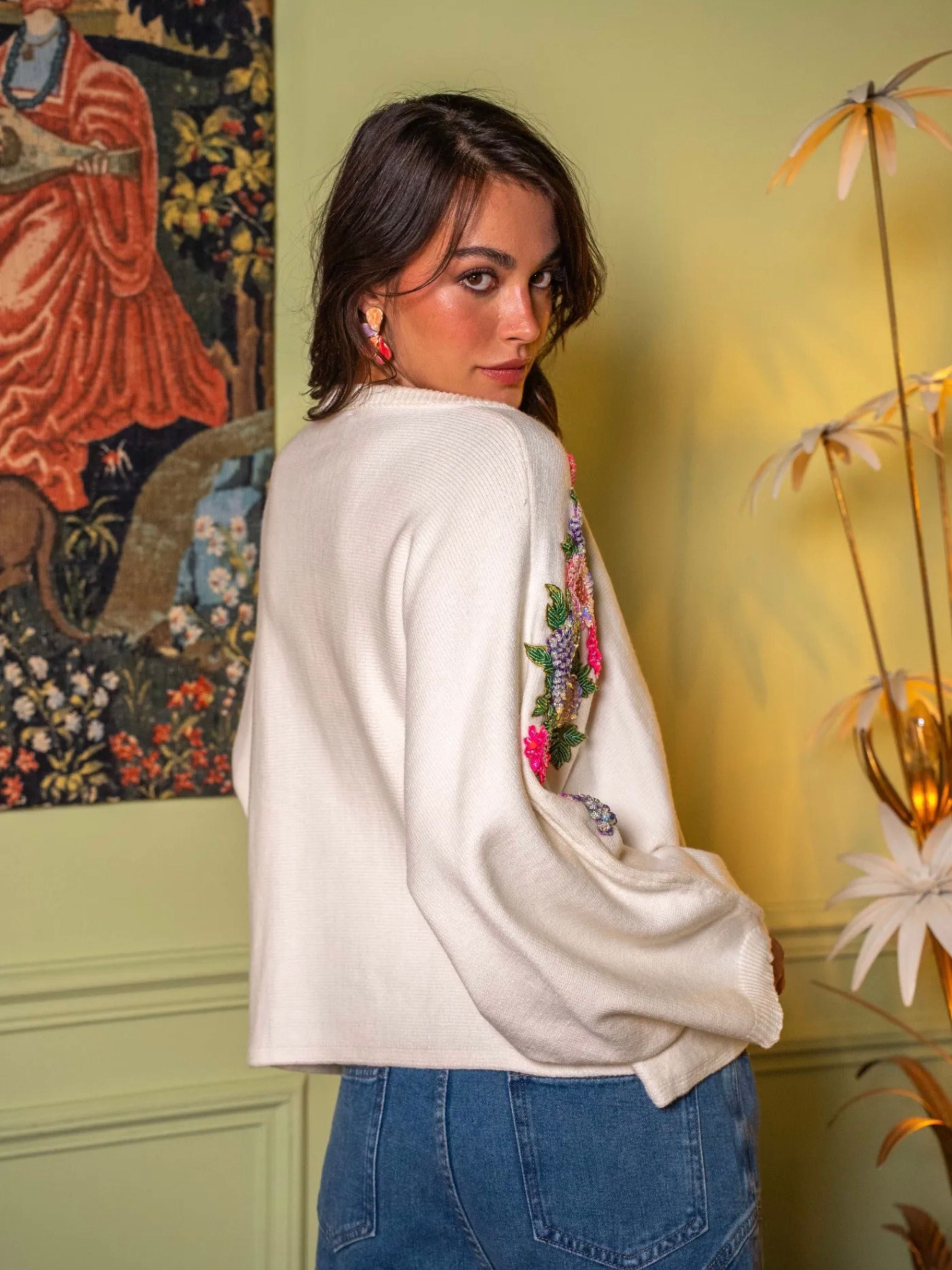 GOLD & SILVER | Rana Embroidered Floral V-Neck Jumper - Off White
