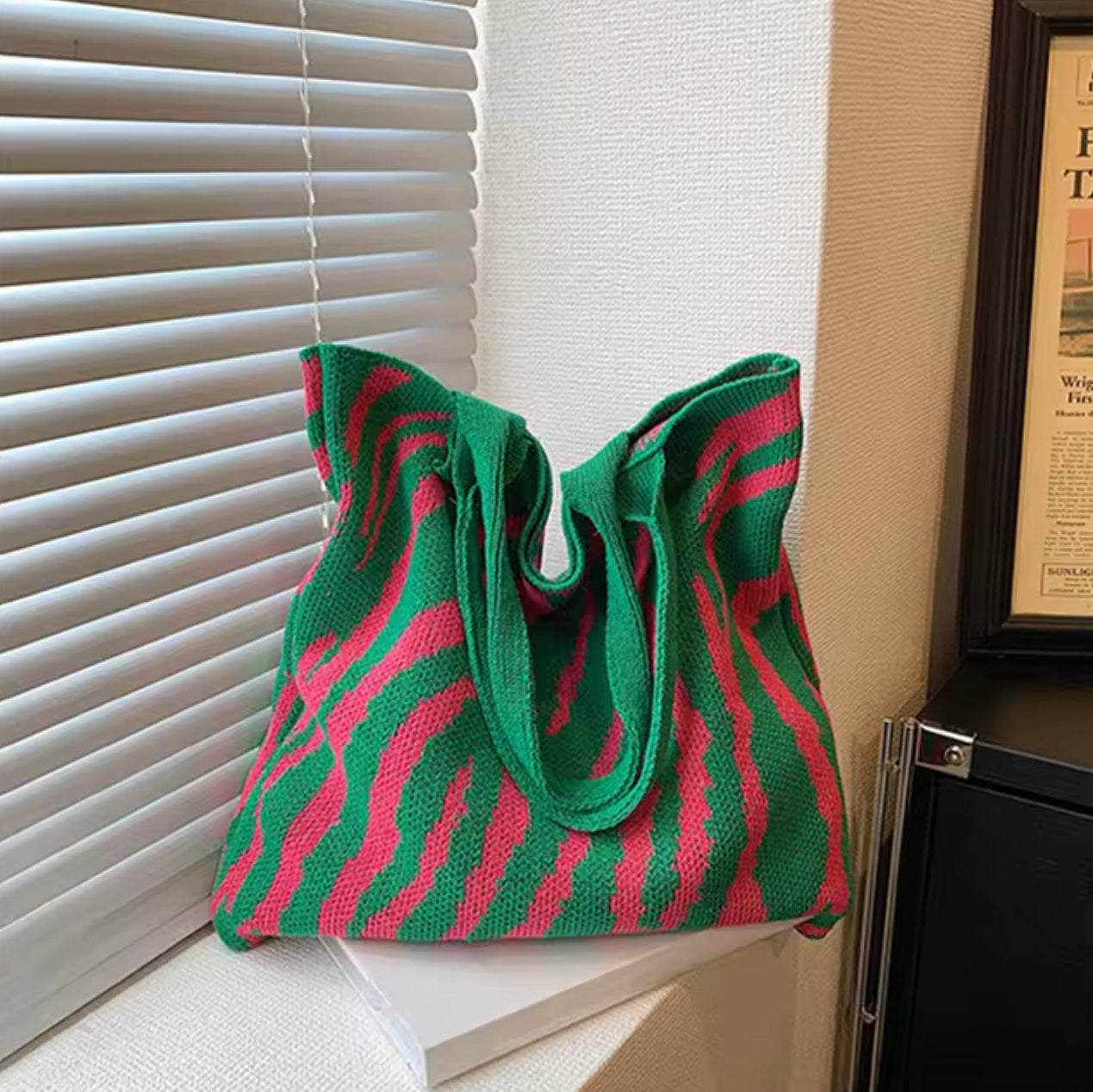 Green & Pink Knit Zebra Print Shoulder Bag