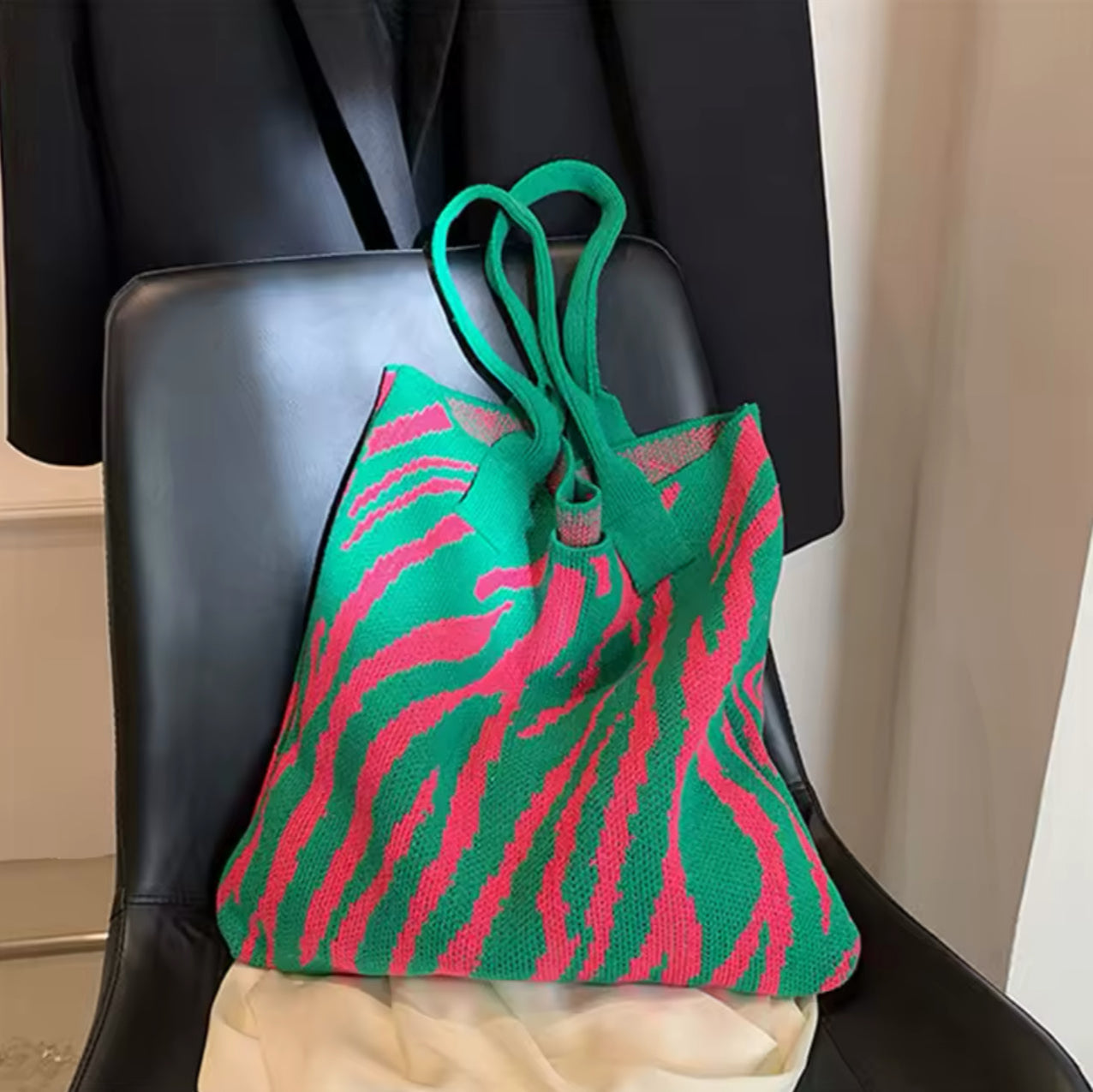 Green & Pink Knit Zebra Shoulder Bag
