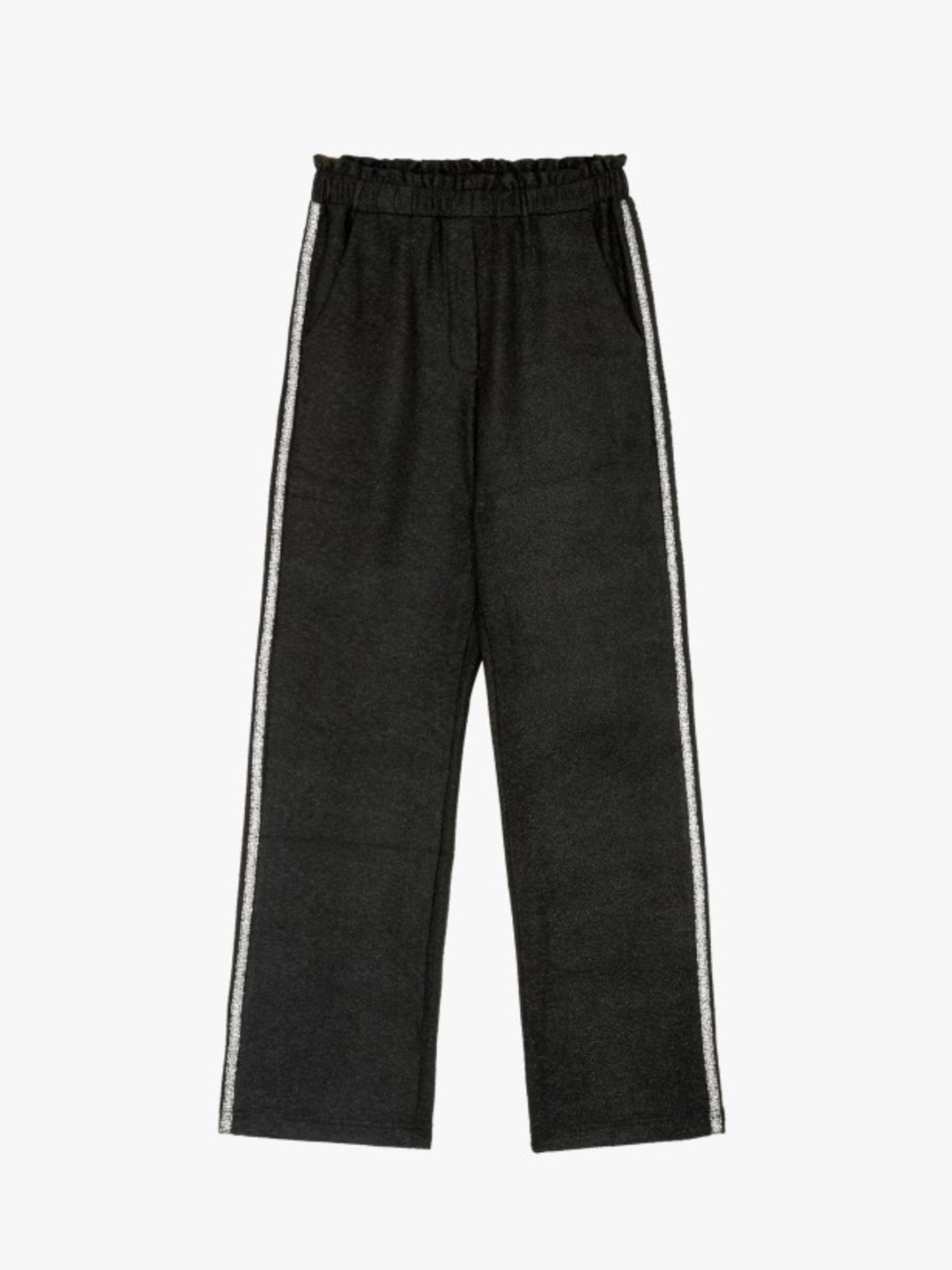AN'GE | Pierroly Black Wide Leg Trousers with Metallic Silver Stripe