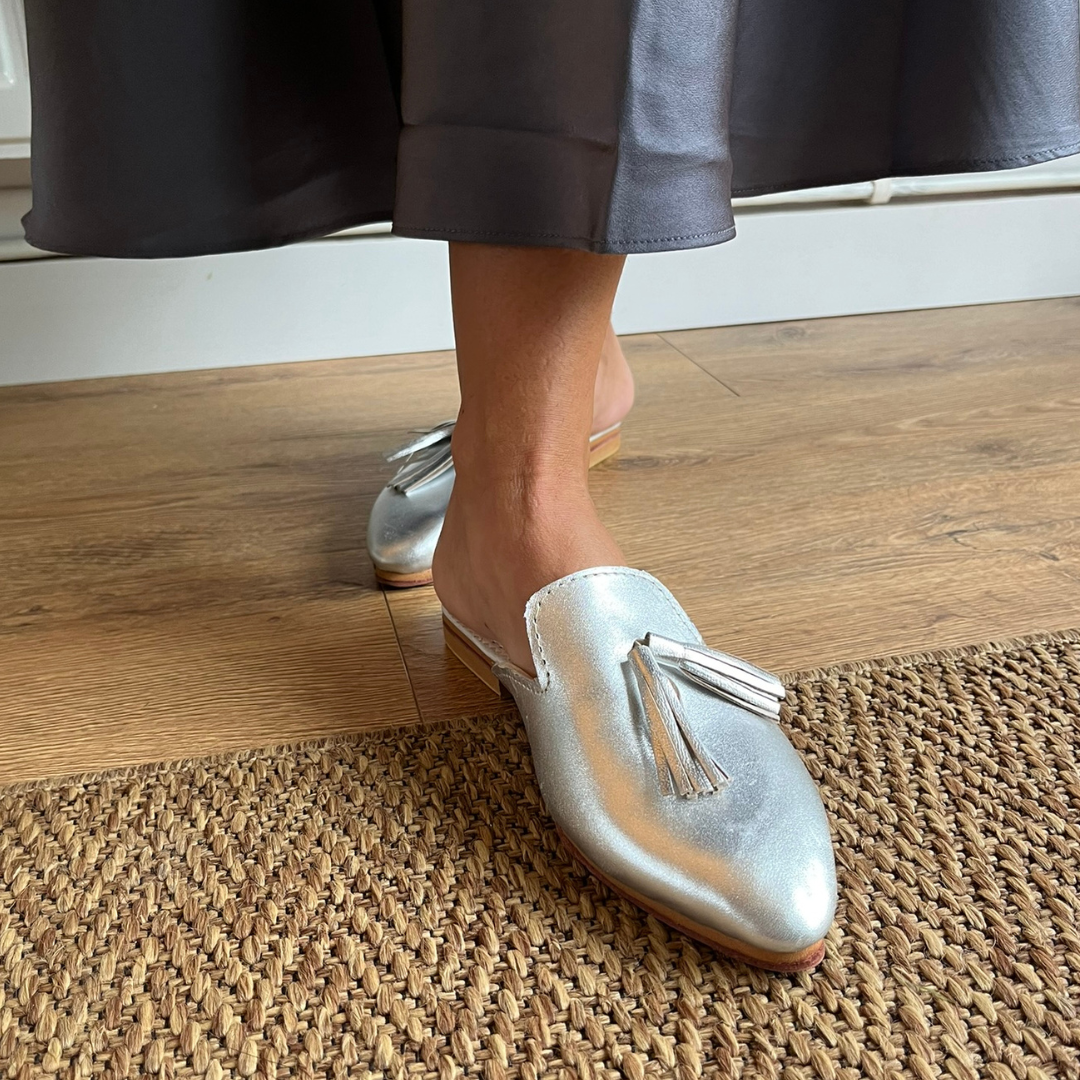 TORIA LEE | Moroccan Handmade Leather Silver Mules