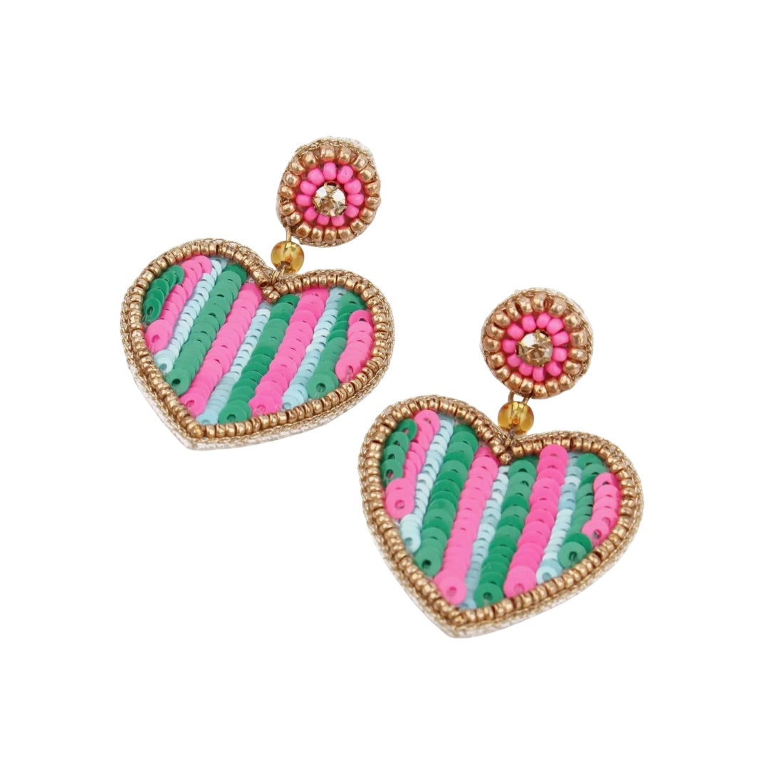 Pink Green Stripe Heart Bead Earrings