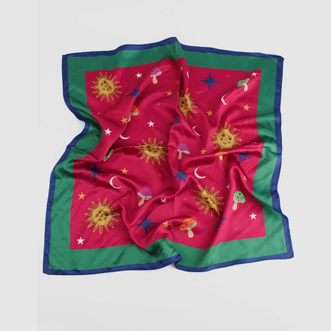Mushrooms, Sun, Moon and Stars Silky Scarf