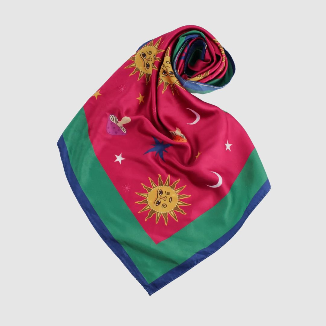 Mushrooms, Sun, Moon and Stars Silk Head Scarf
