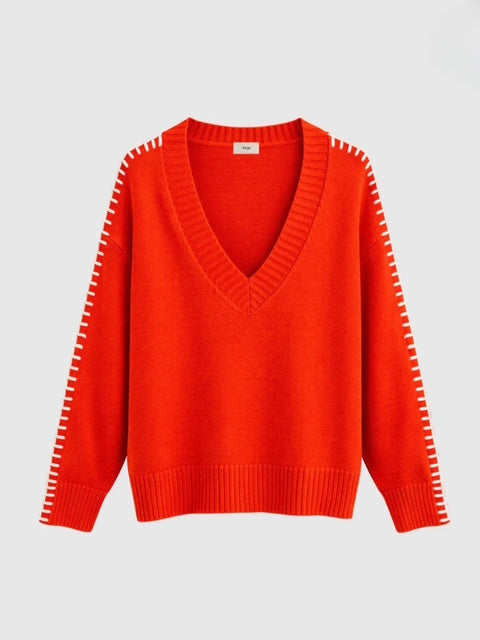 AN'GE | Naleya Contrast Stitch V-Neck Jumper / Orange