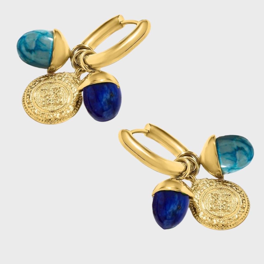Oasis Blue Gemstone Charm Gold Hoop Earrings
