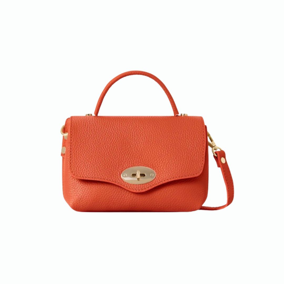Orange Italian Leather Mini Grab Bag with Gold Turn-Lock Clasp