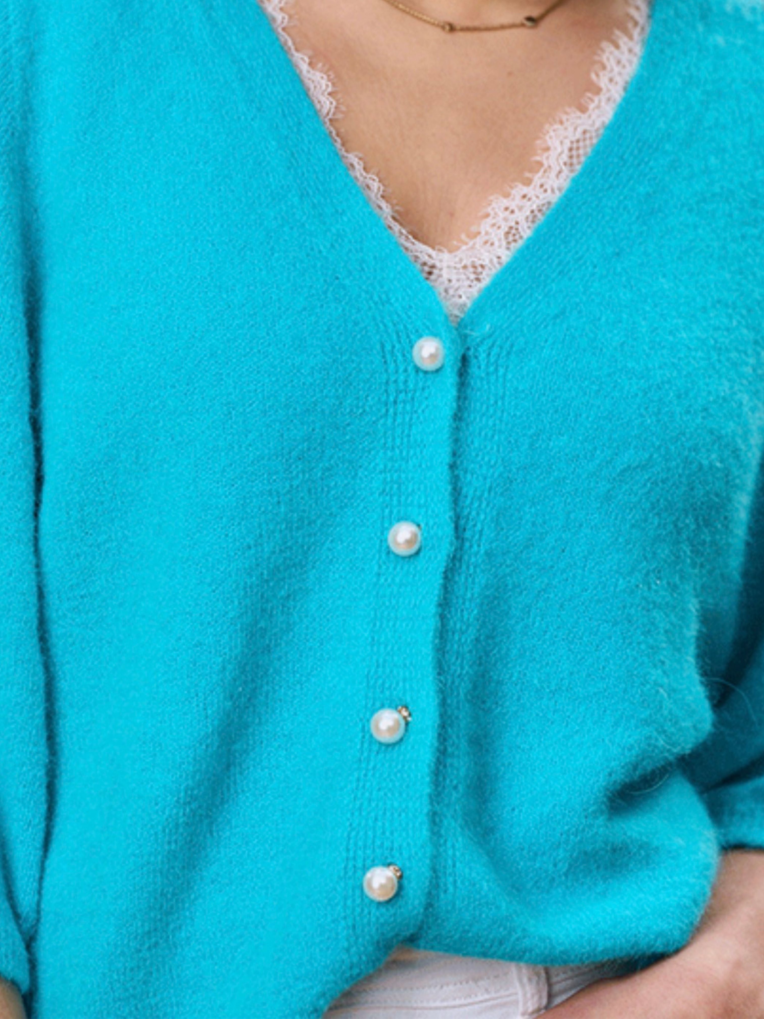 Turquoise Alpaca Knit Cardigan w/Pearl Buttons