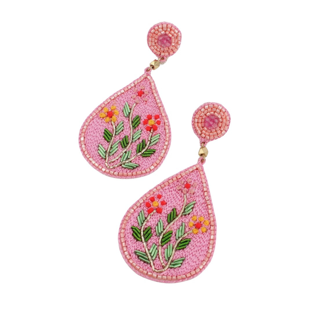 Pink Beaded Floral Earrings