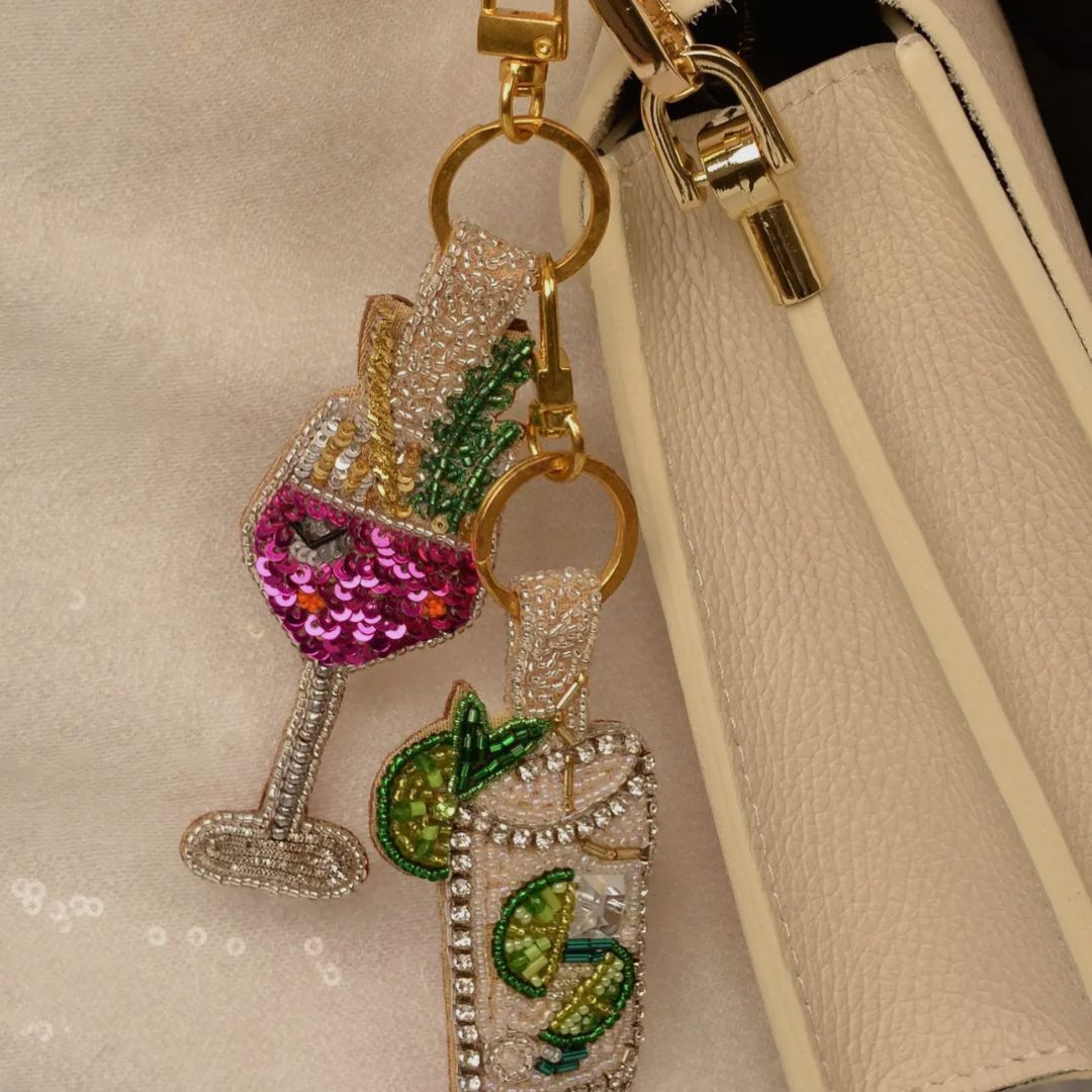 Gold Pink Wine Glass Keyring