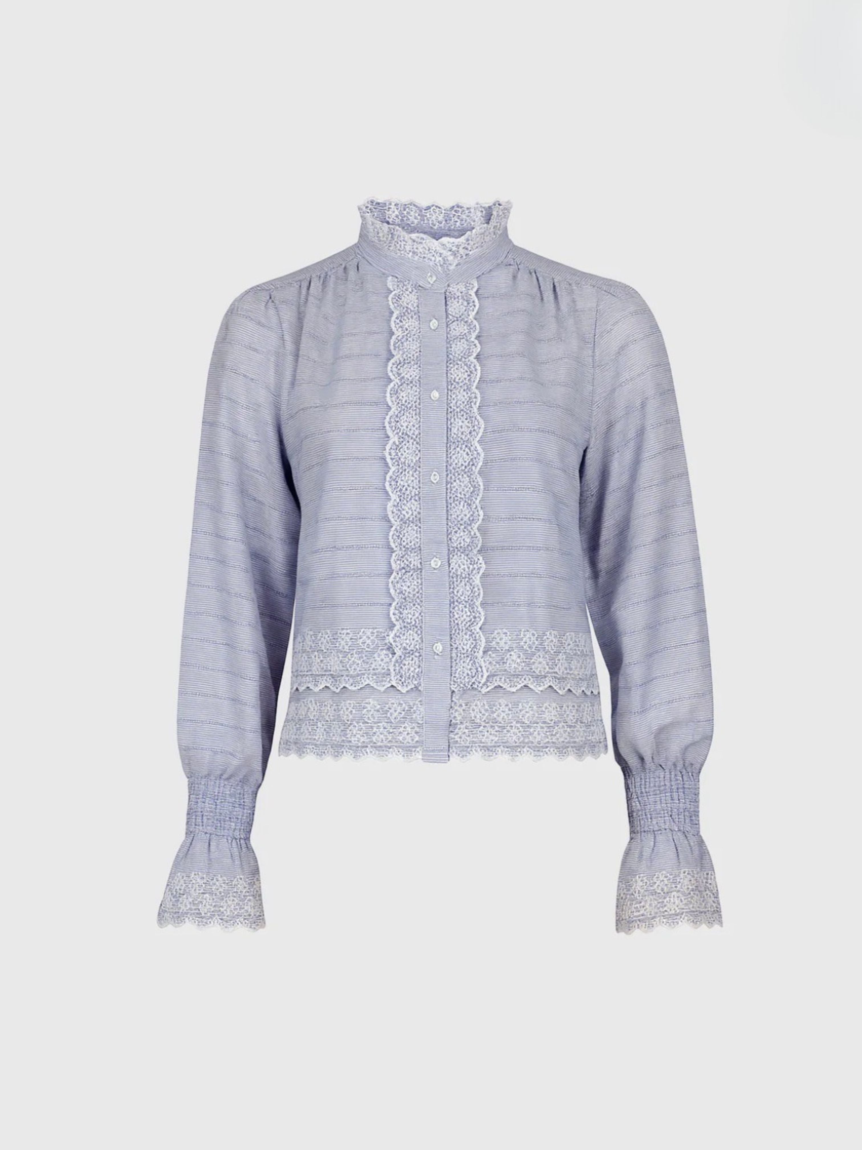 Selda Blue Lace Trim Striped High-Neck Ruffle Blouse