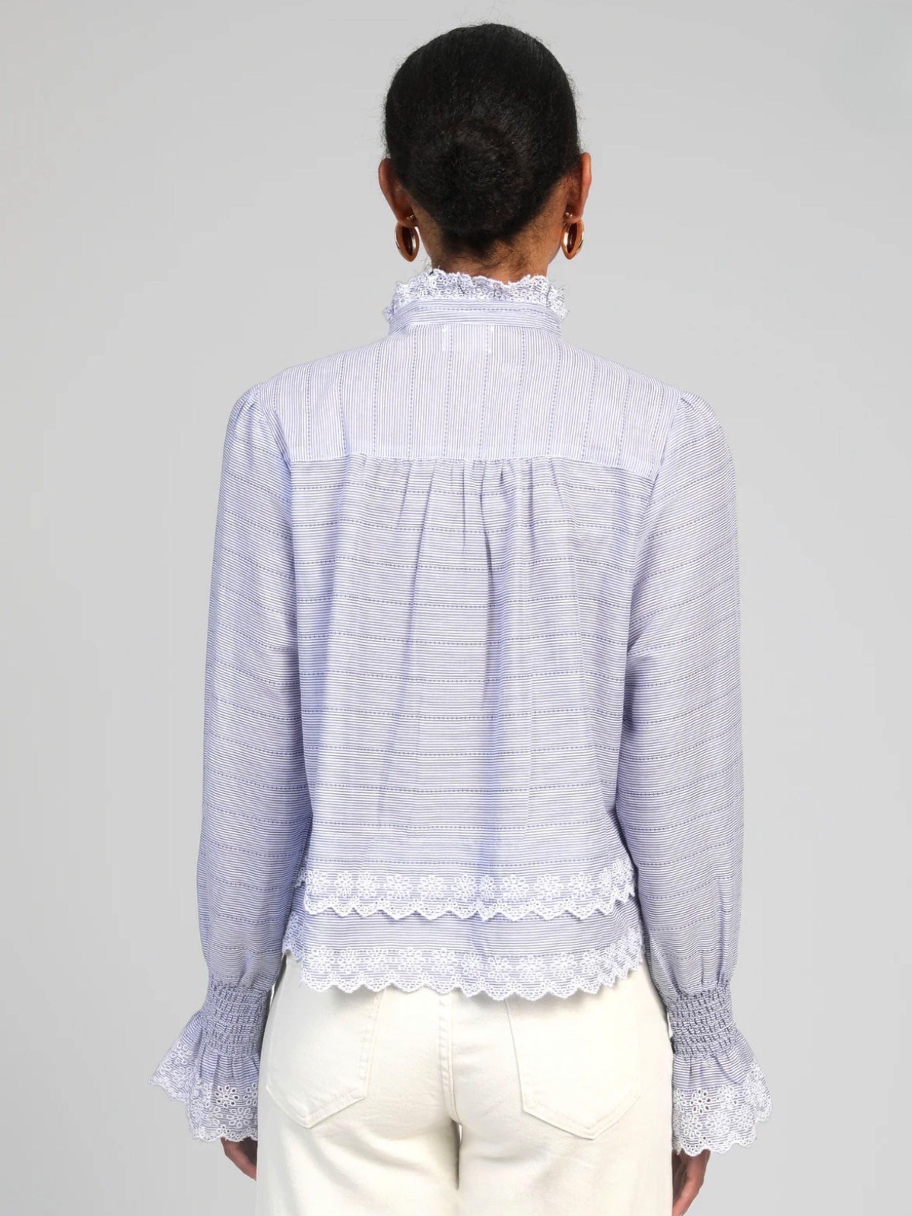 Blue Lace Trim Striped Blouse
