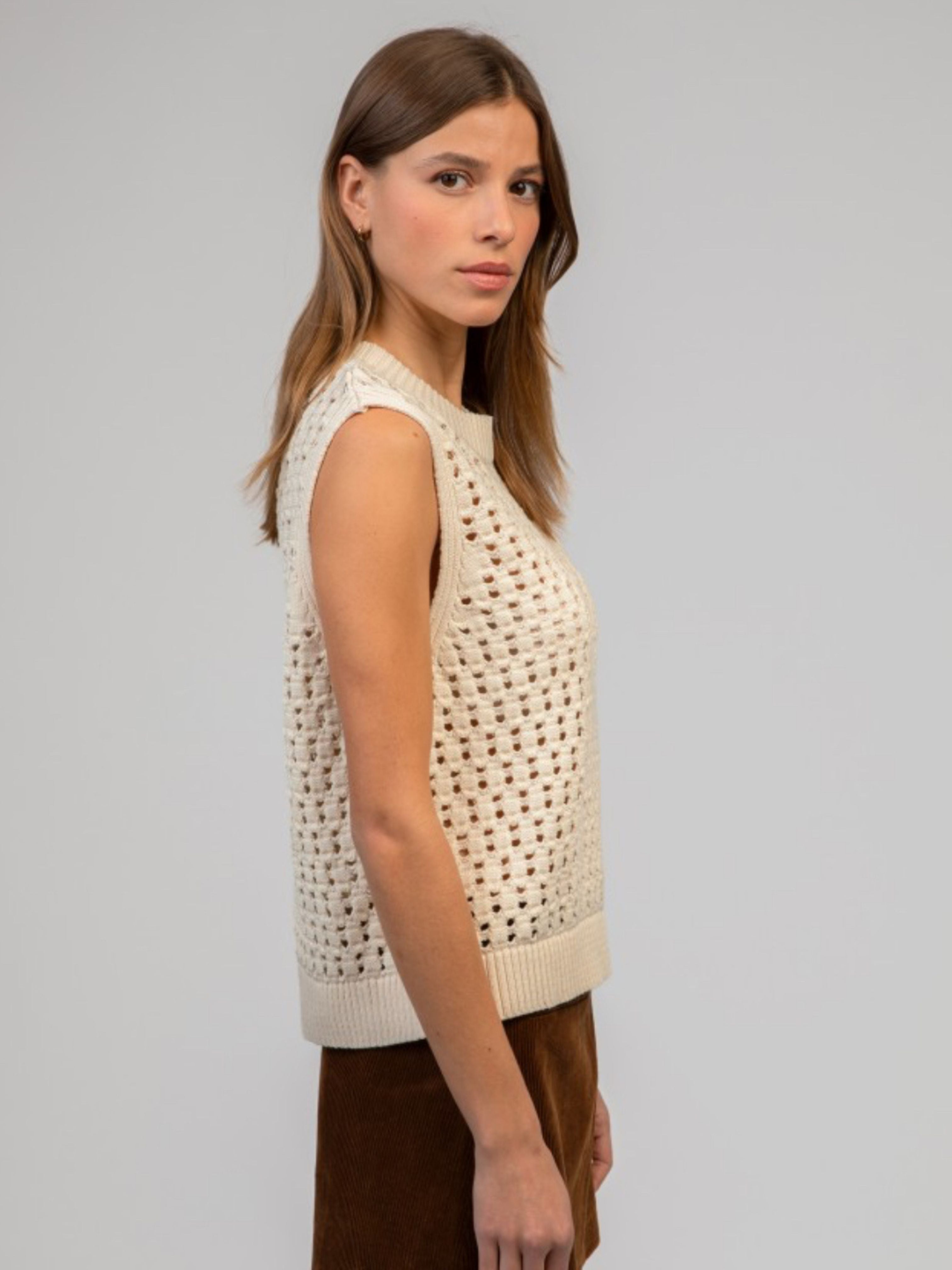 Cream mesh knit sleeveless top