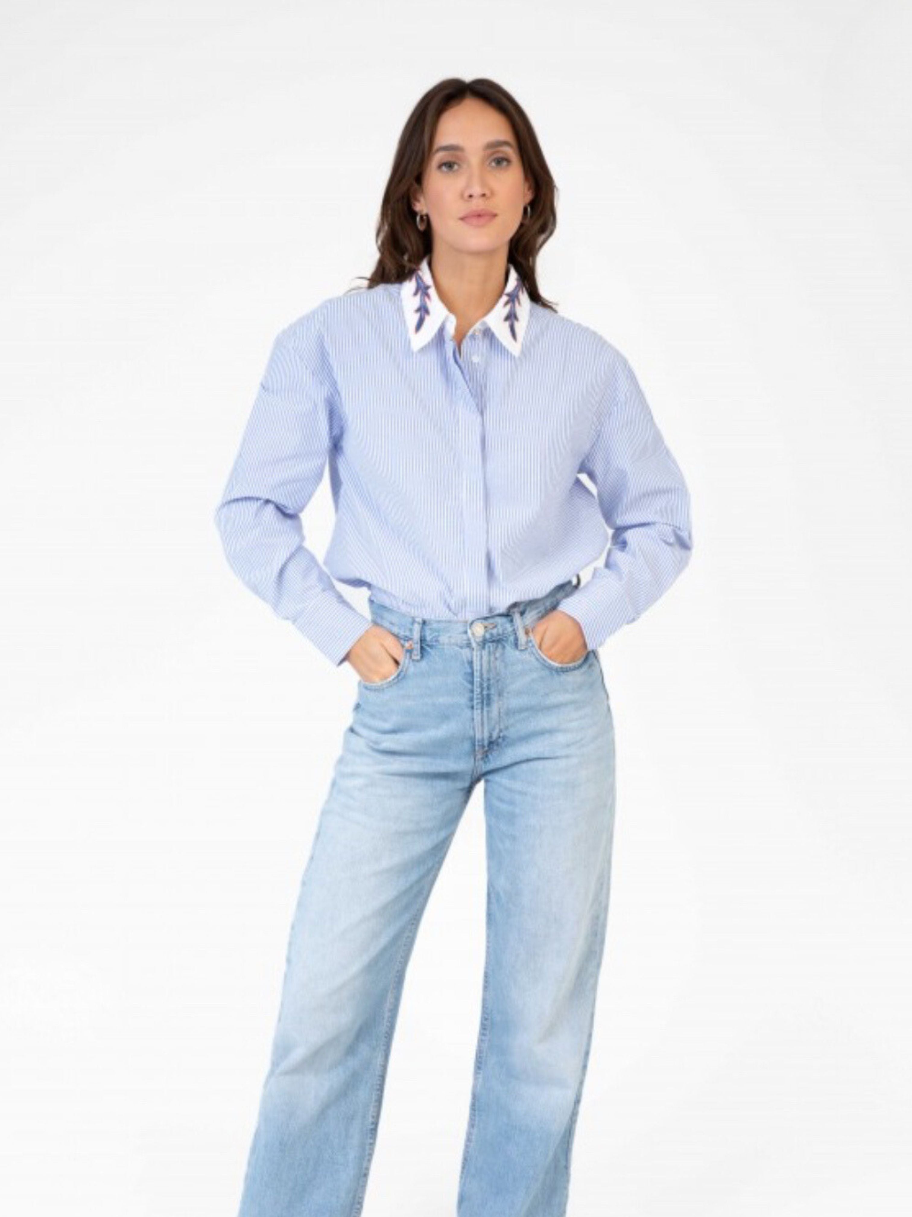 saby blue white cotton embroidery shirt