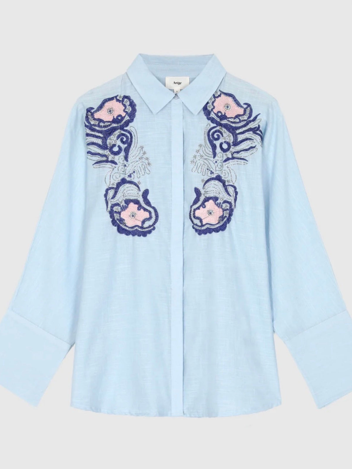 Blue Floral Embroidered Shirt