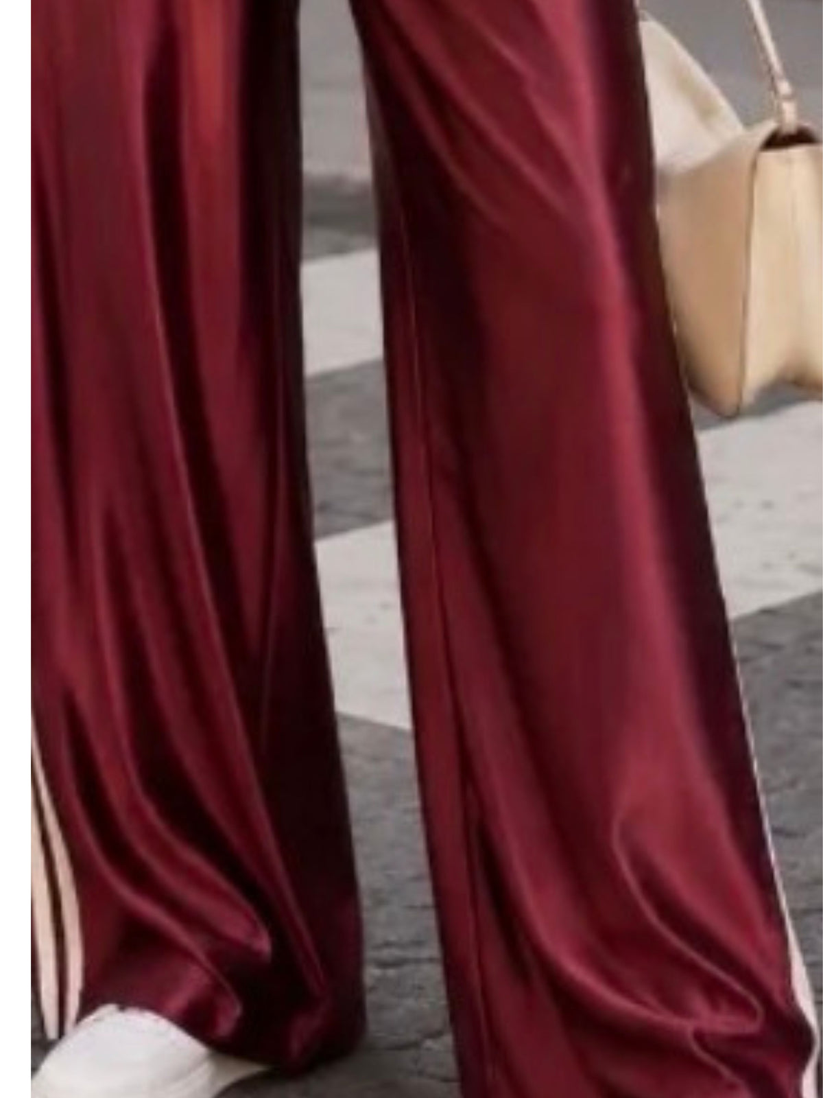 Women's Burgandy Satin Wide Leg Trousers with Side Stripes