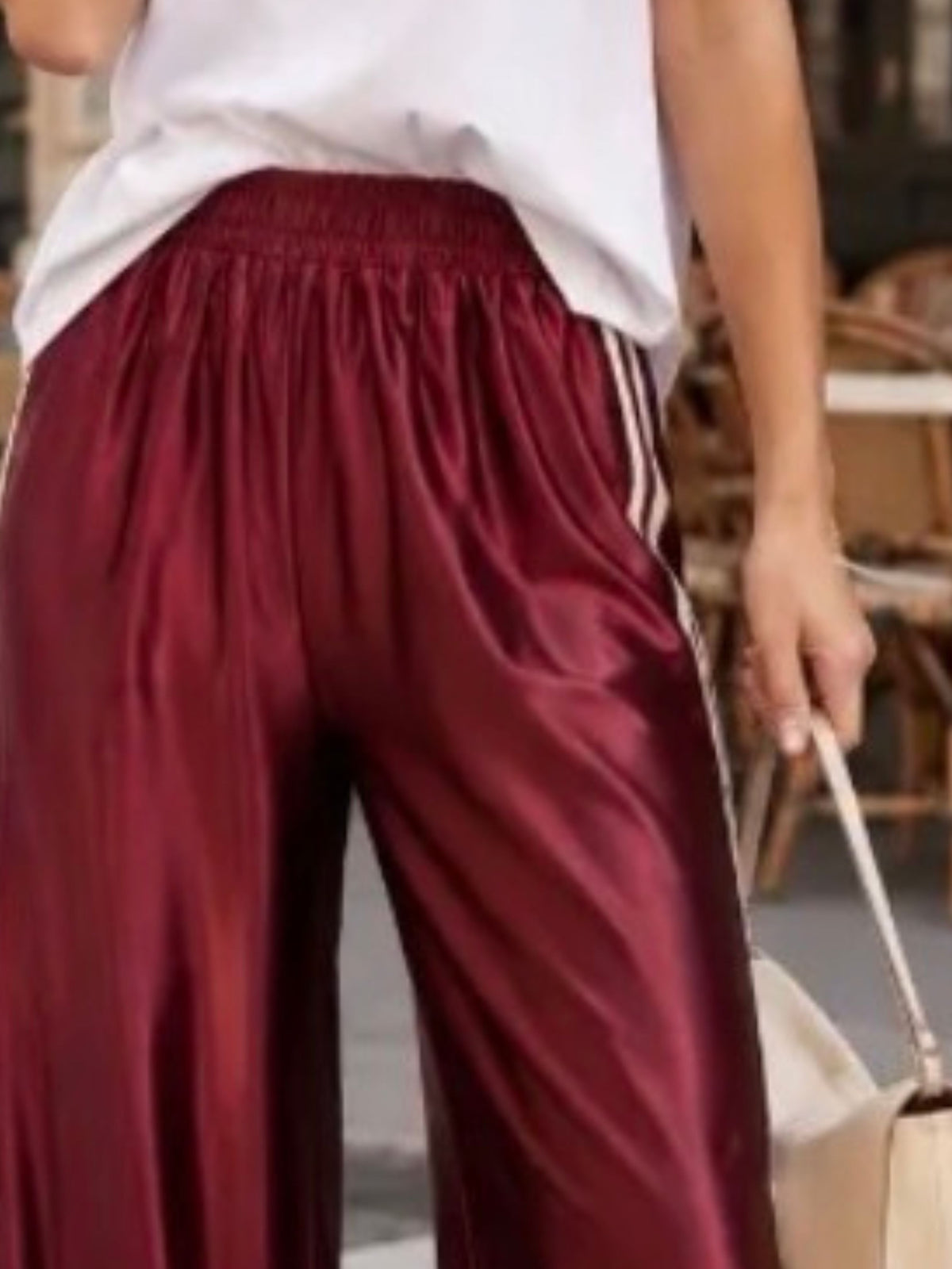 Women's Burgandy Satin Wide Leg Trousers with Side Stripes