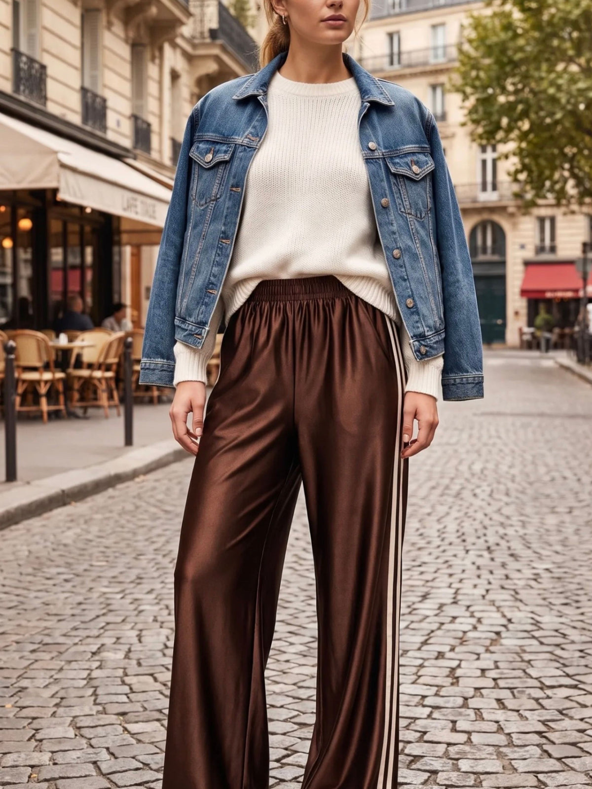 Women's Chocolate Brown Satin Wide Leg Trousers with Side Stripes