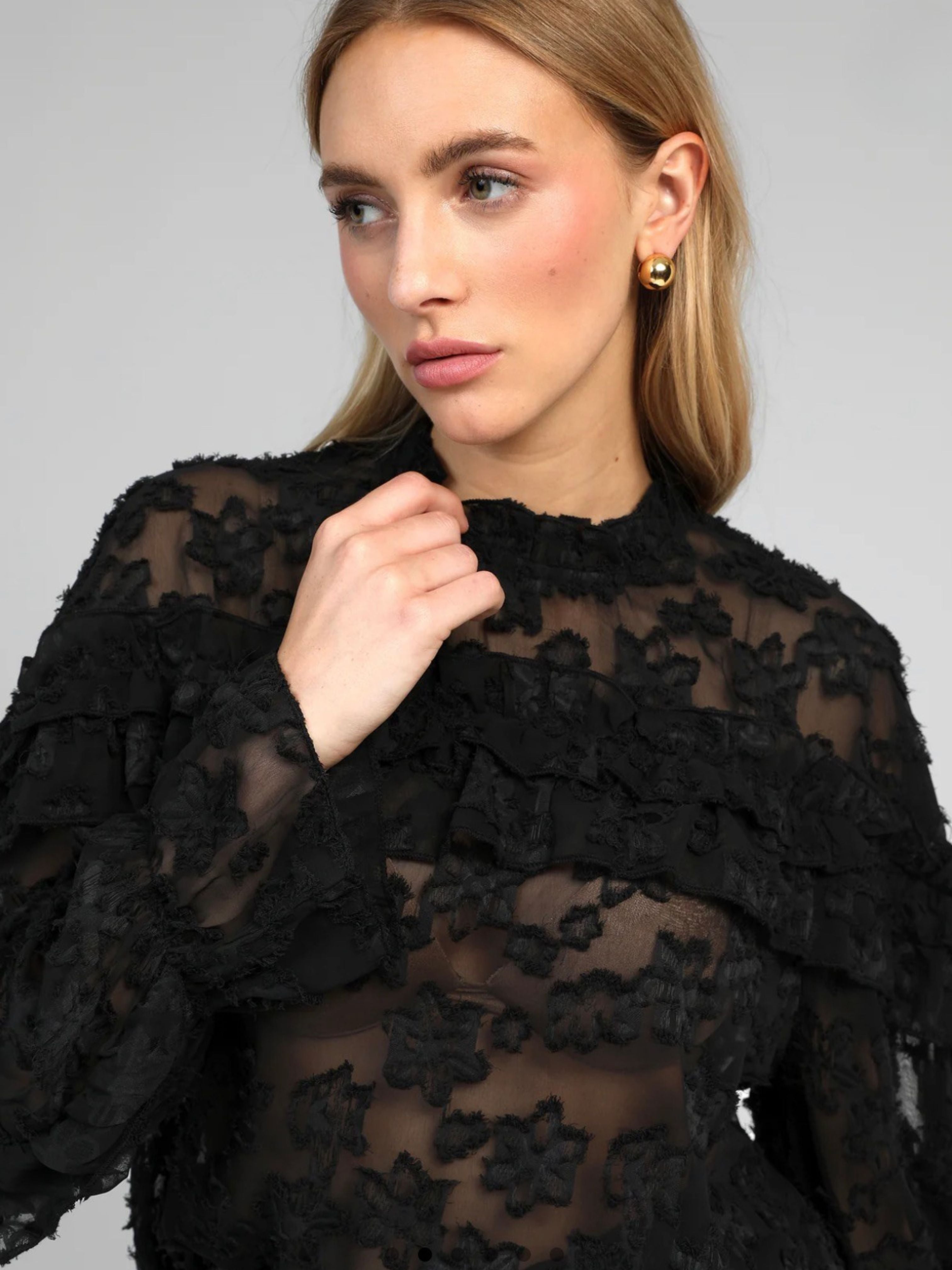 Ange Sheer Black Ruffle Blouse