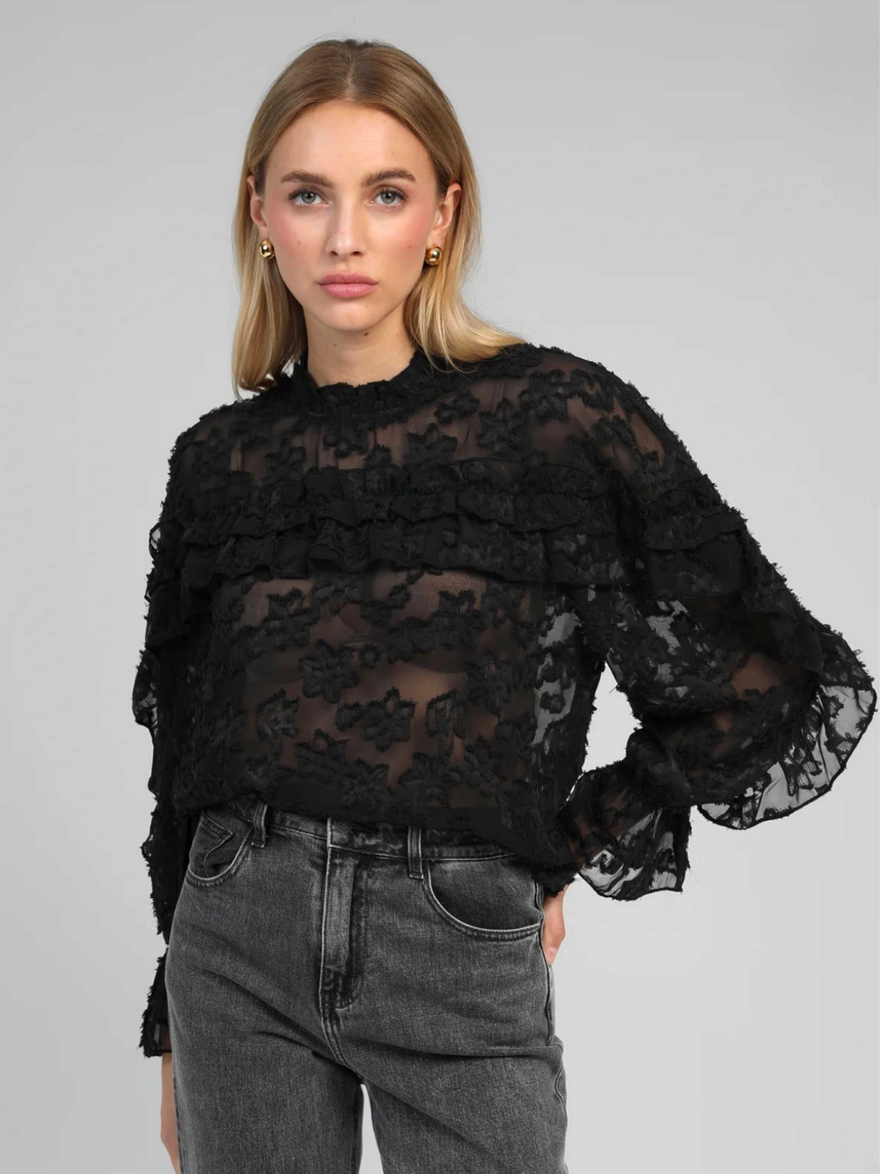 Soely Sheer Black Ruffle Blouse