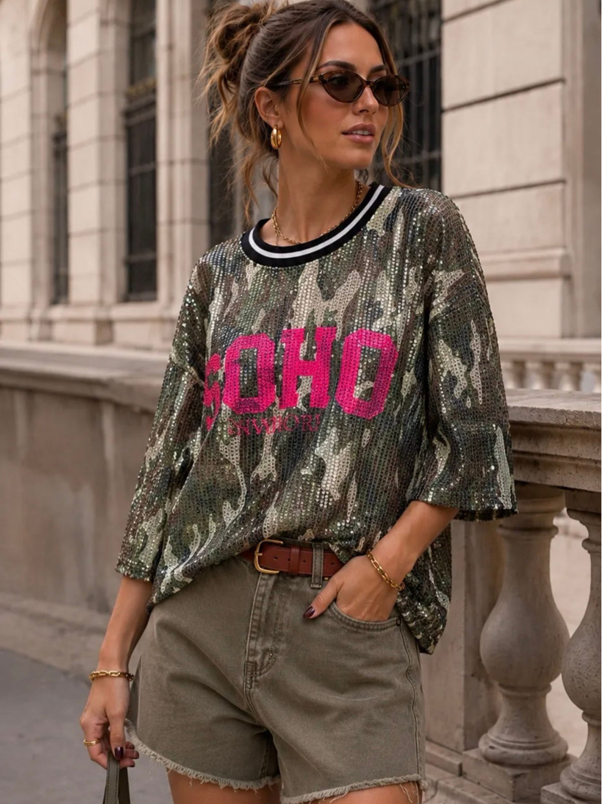 Soho New York Sequin Tee Shirt / Camouflage